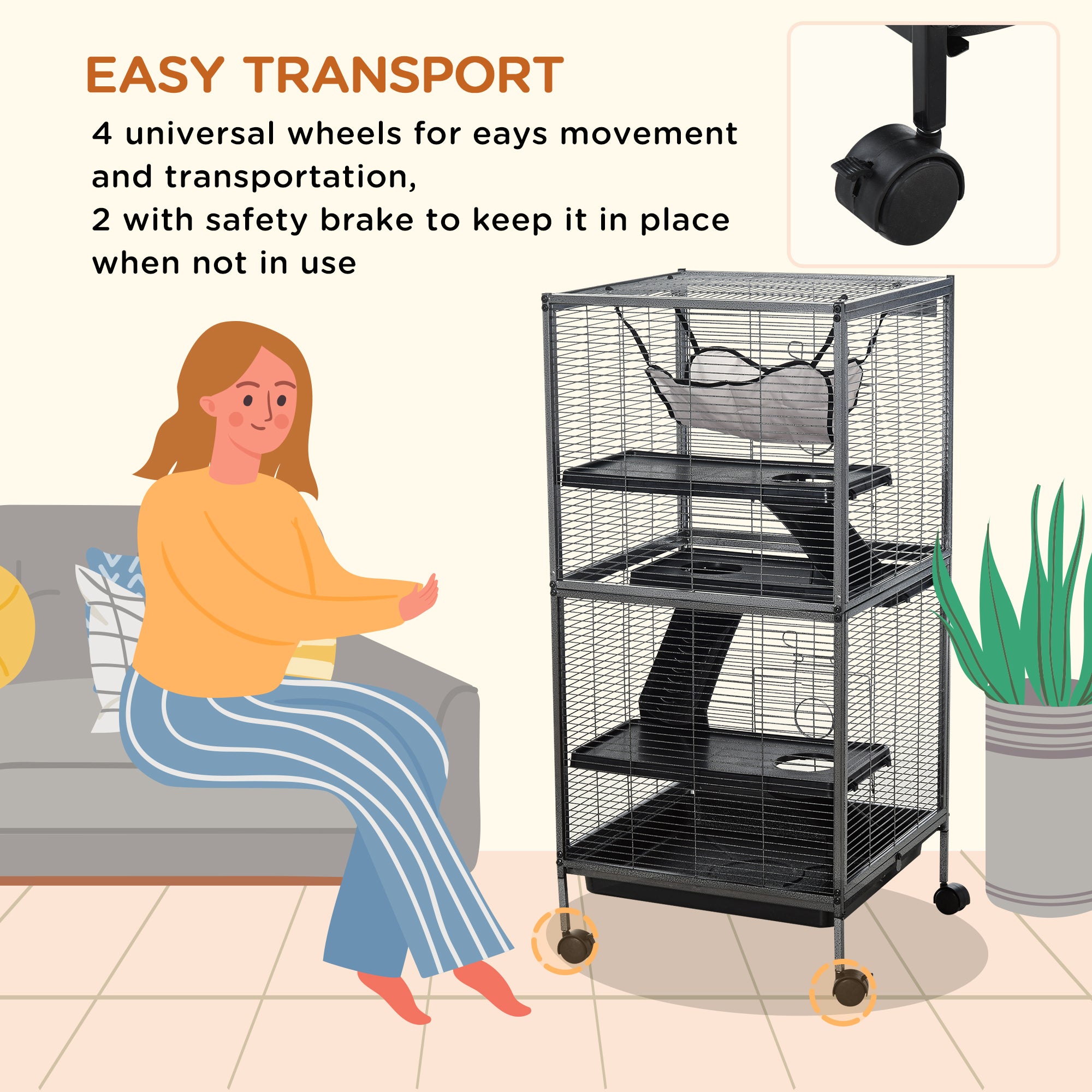 Metal Small Animal Cage Rolling Big Ferret Cage, Chinchilla Cage, Sugar Glider Cage, with Hammock & 4 Tiers, Removable Tray, Gray - Gray - Image 5