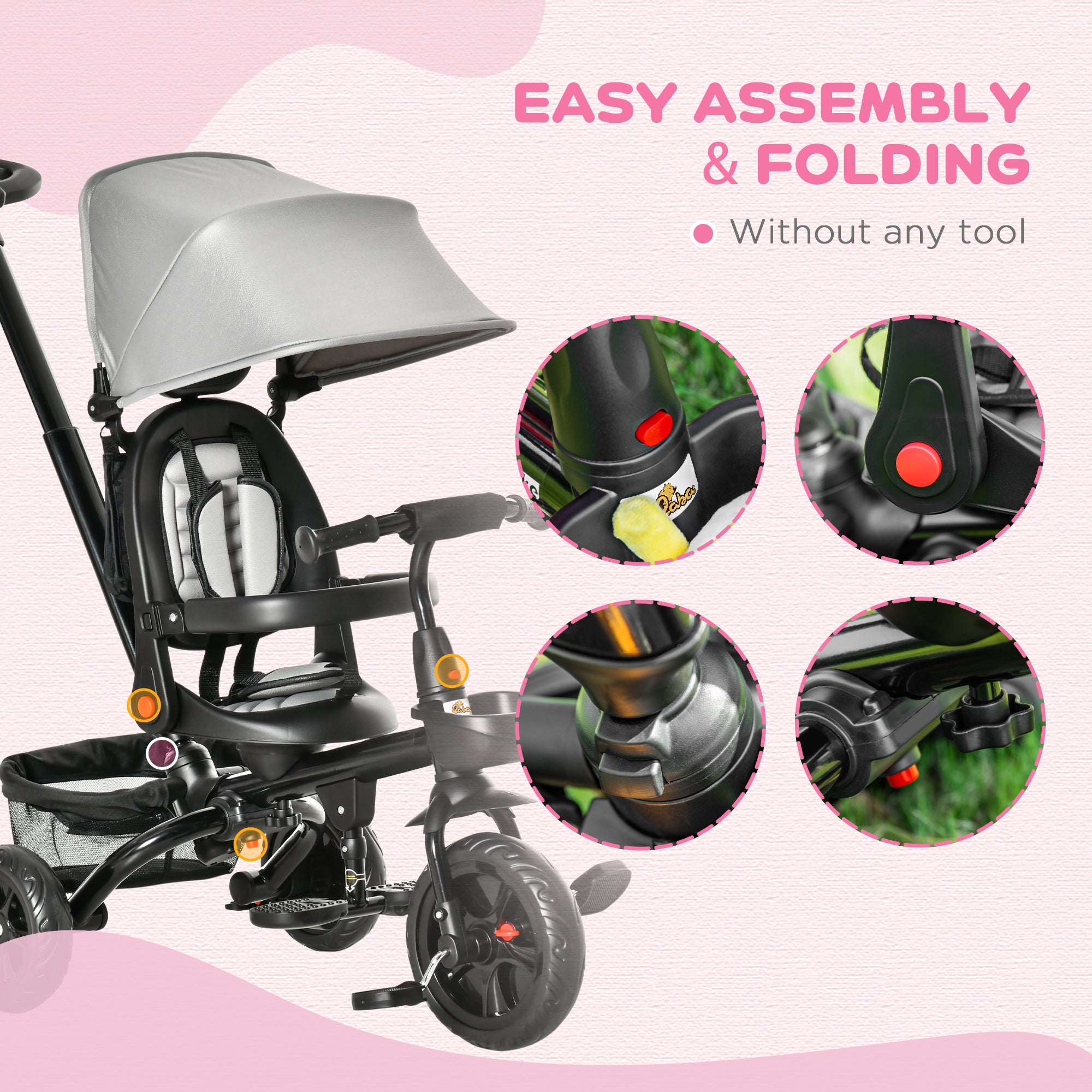 Kids Tricycle, 4 in 1 Foldable Trike with Reversible Seat, Adjustable Parent Handle, Safety Harness, Wheel Brakes, Removable Canopy, Storage, Tricycle for Toddlers 1-5 Years, Gray