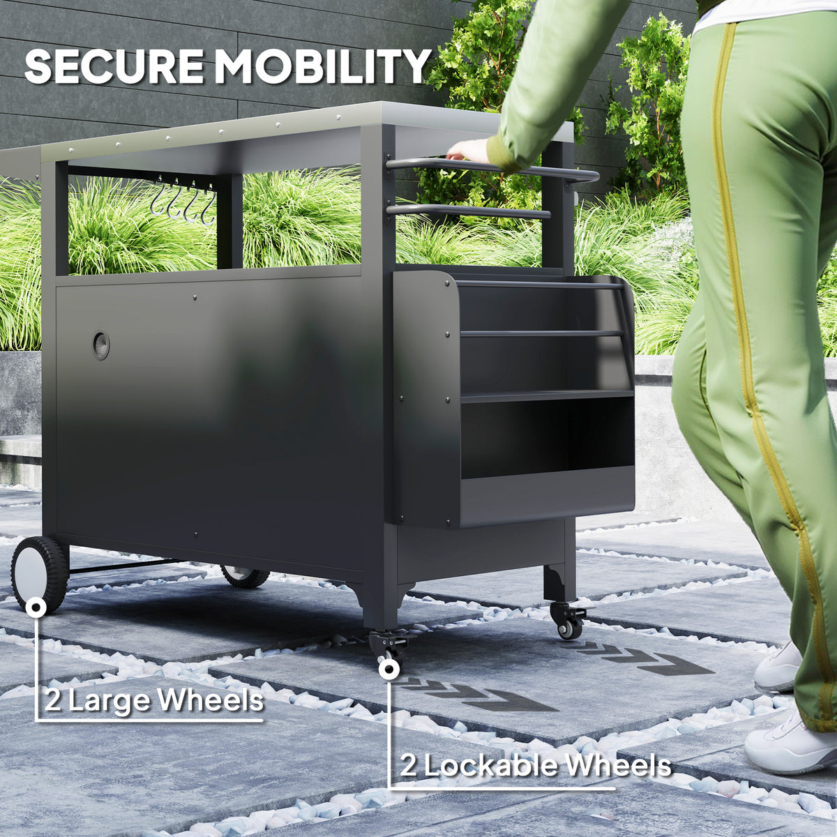 Outdoor Grill Cart Table with Stainless Steel Top, Movable Pizza Oven Table with Foldable Side Table, Wheels