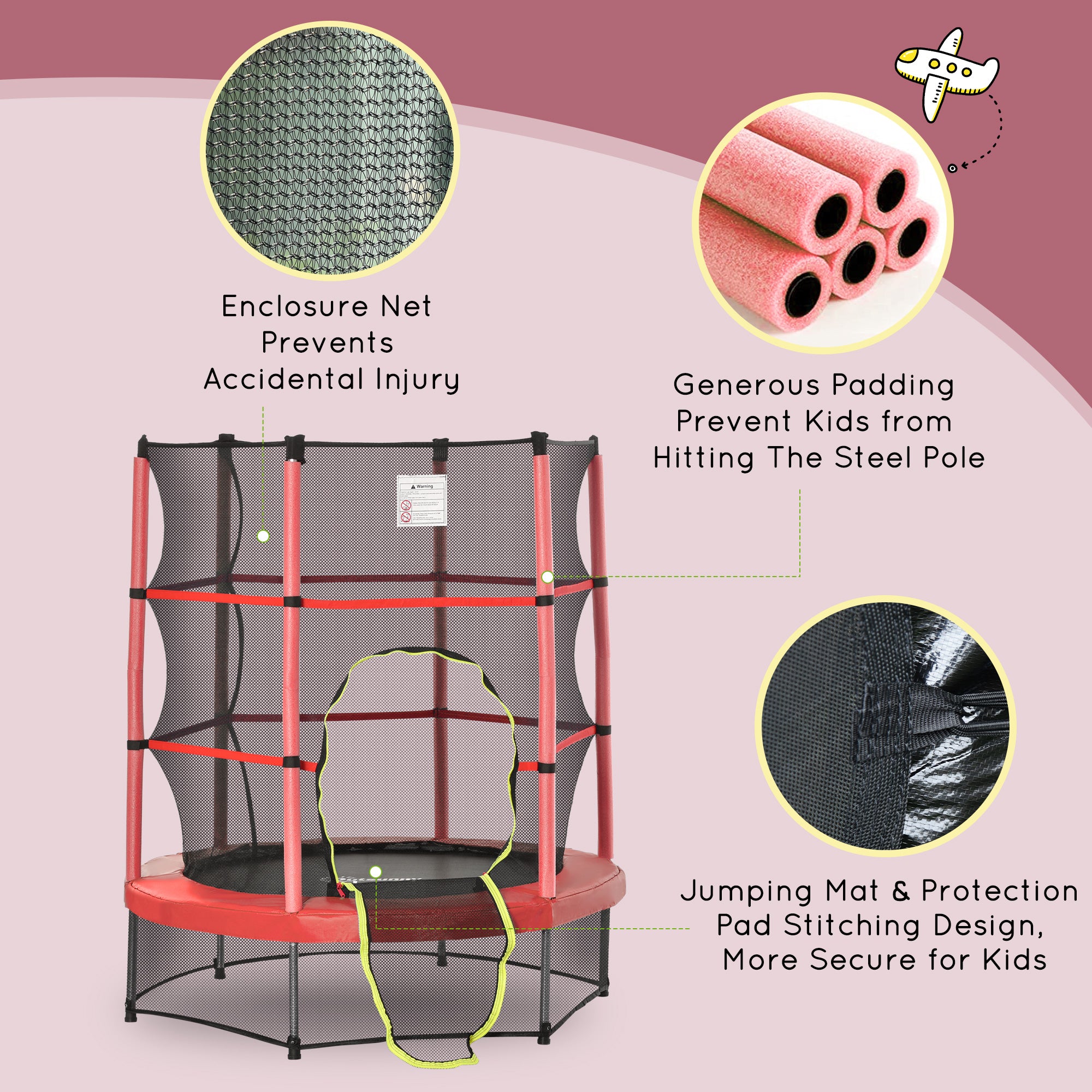 Φ5FT Kids Trampoline with Enclosure Net for Age 3 to 6 Years Red