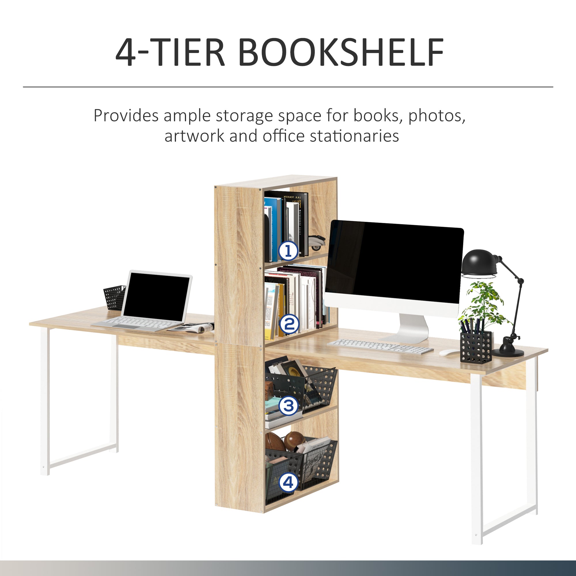 88" Extra Long 2-Person Computer Desk with Storage Shelves Combo, Double Workstation Storage Study Writing Table for Home Office, Bookshelf, Natural Wood Color