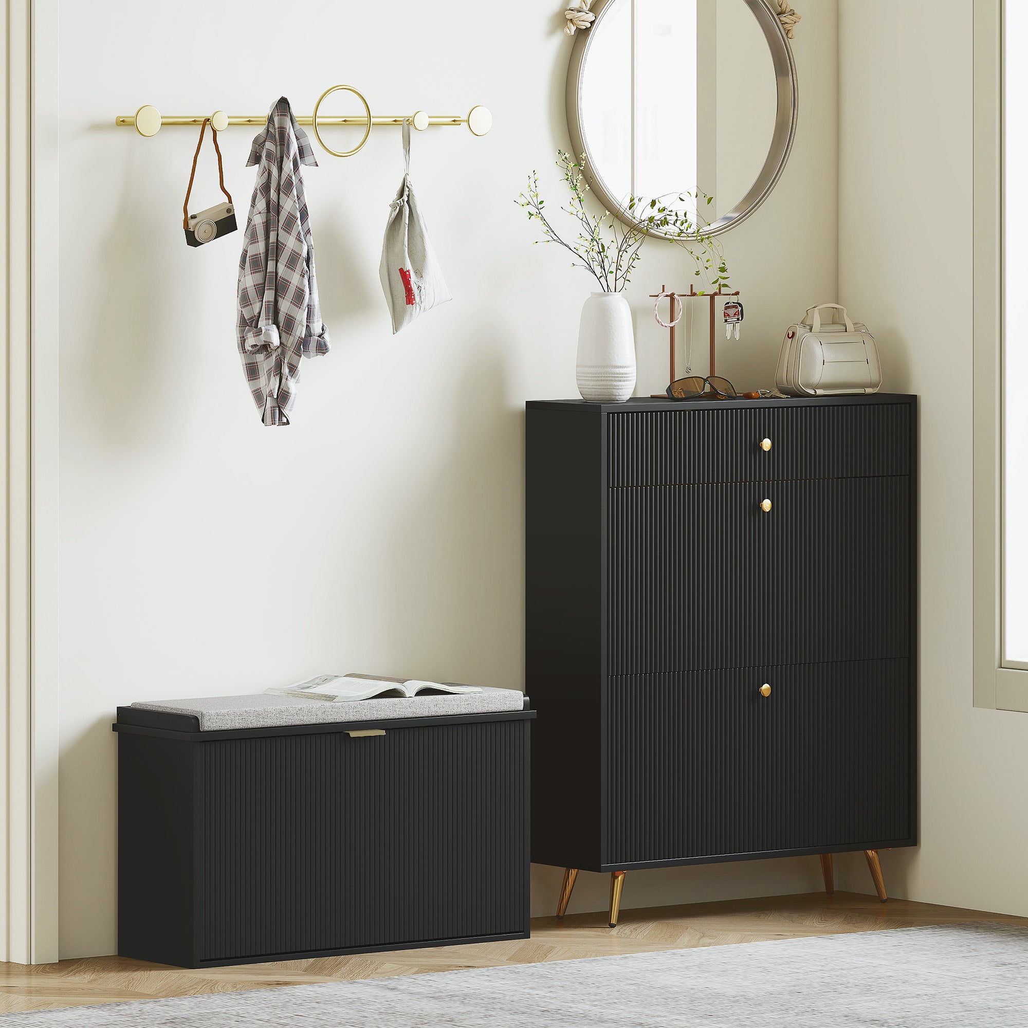 Shoe Storage Bench with Padded Seat Cushion and Flip-Drawer, Entryway Bench, Shoe Cabinet, 31.5x10.2x18.7 Inches, Black