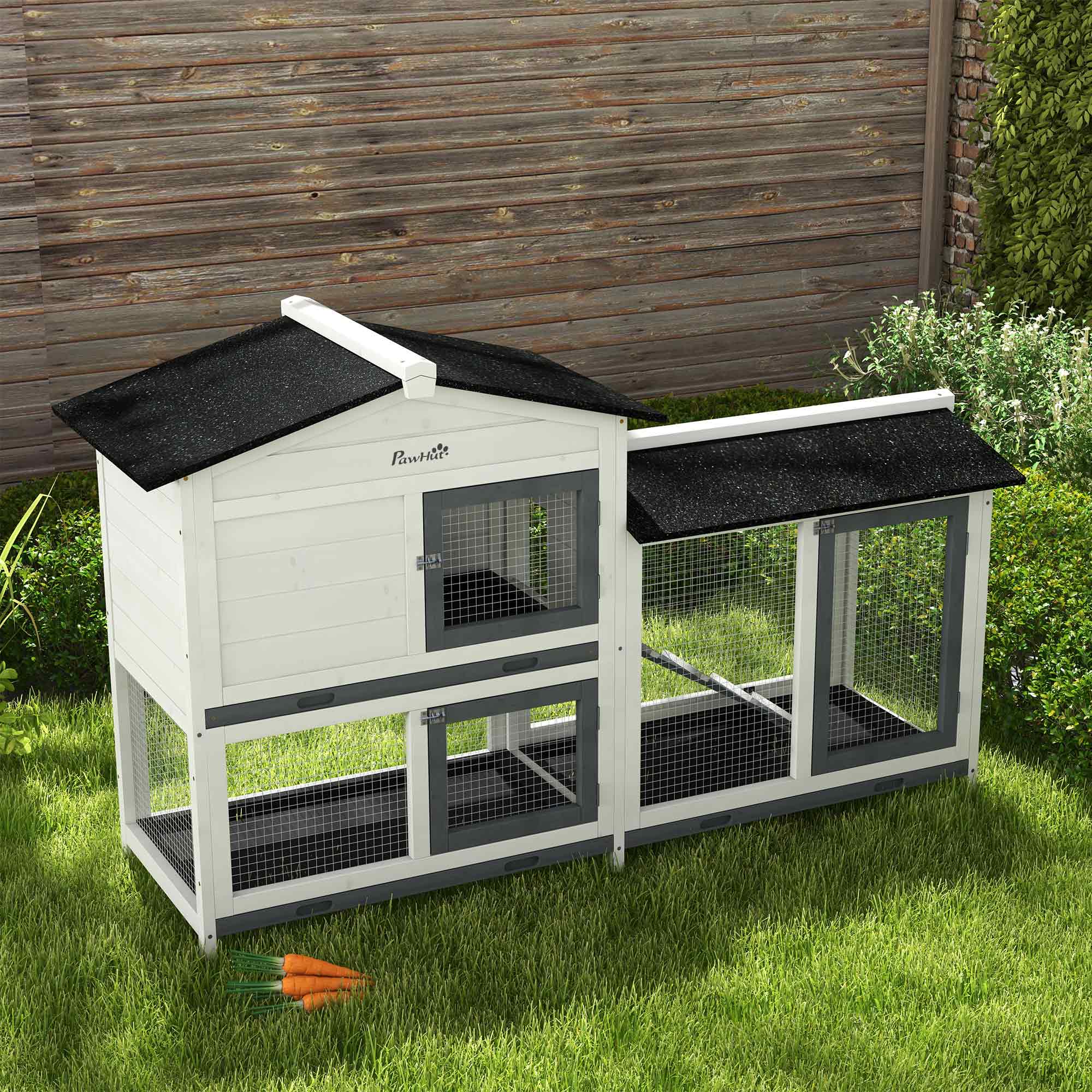 62" Rabbit Hutch, Wooden Bunny Hutch, Guinea Pig Cage, Small Animal Enclosure with Run Area, Removable Tray, Asphalt Roof, Lockable Doors and Ramp, for Rabbits, Chickens, Ducks, White - White - Image 8