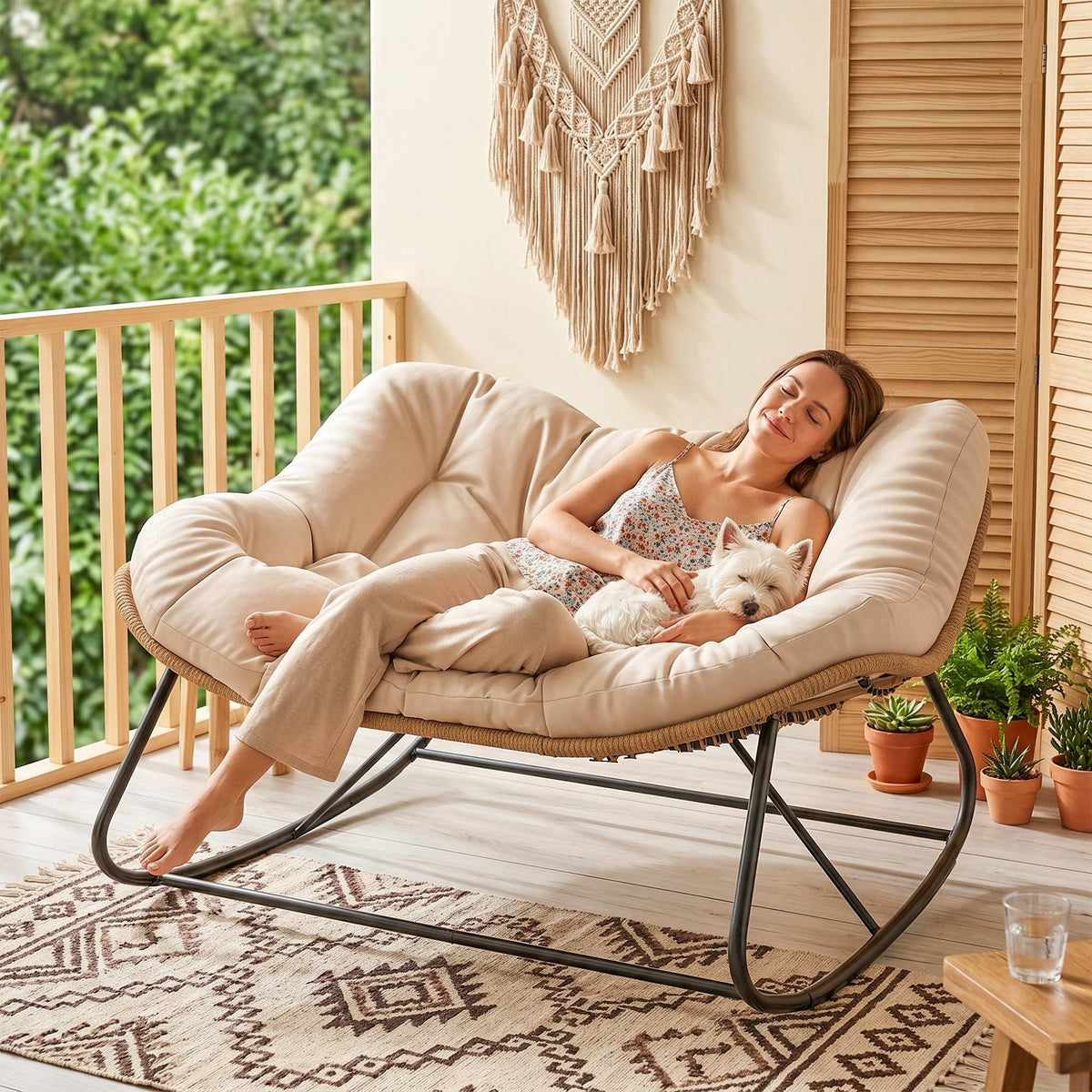 Indoor Outdoor Double Papasan Rocking Chair, Oversized Rocking Egg Chair with Cushion for Garden, Patio, Cream White