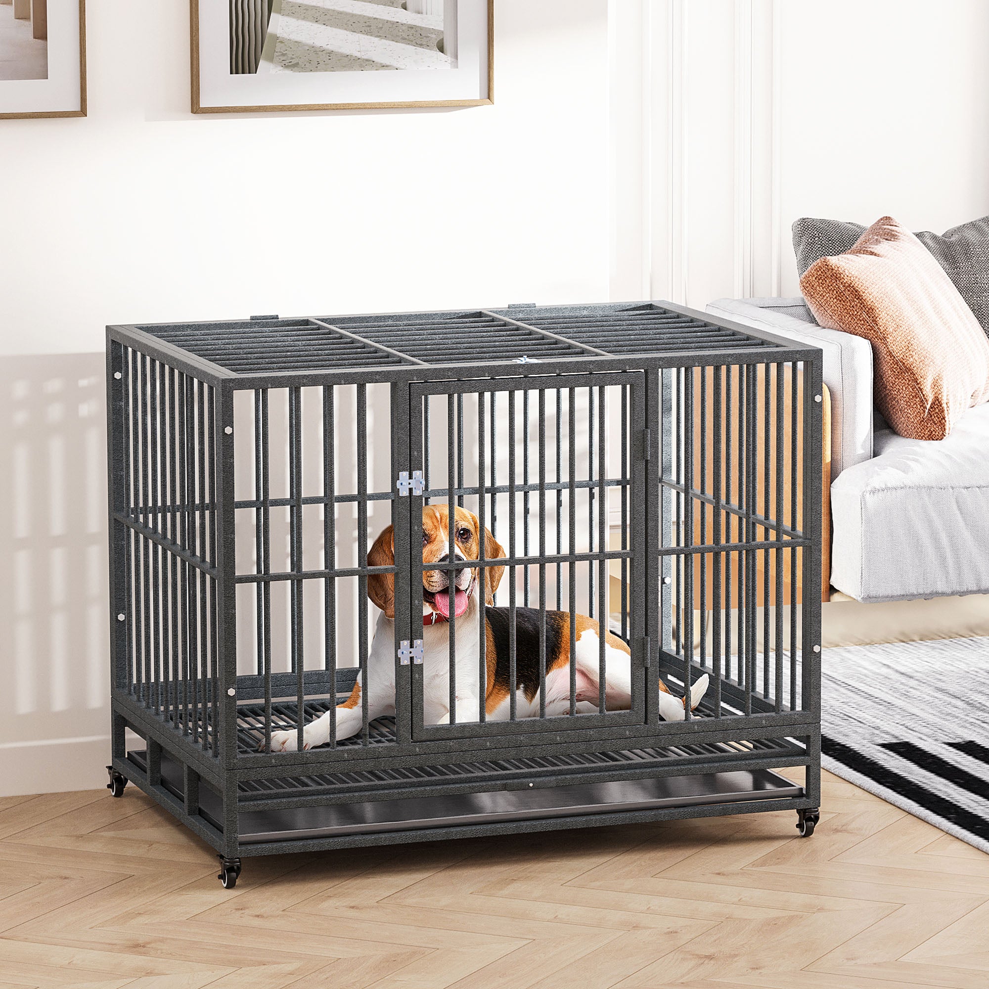 43" Heavy Duty Dog Crate Metal Cage Kennel with Lockable Wheels, Double Door and Removable Tray, Gray - Grey Vein - Image 2