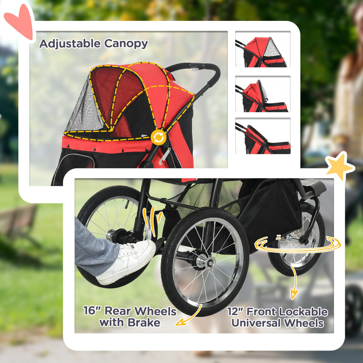 3 Wheels Pet Stroller for Small Dogs and Medium Dogs with Adjustable Canopy, Safety Tether, Storage Basket, Red
