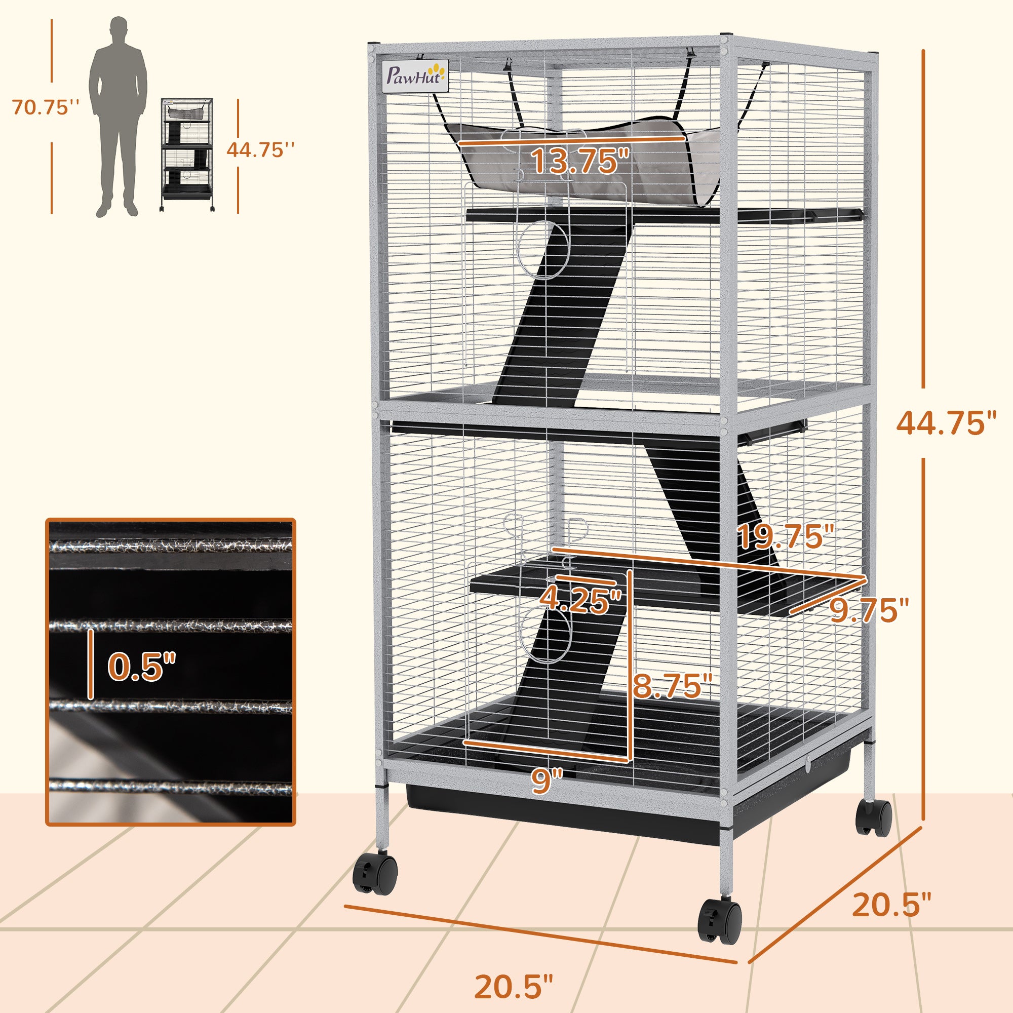 45" H Rolling Small Animal Cage with Hammock, Ferret Cage, Chinchilla Cage, Pet Habitat with 6 Doors, Removable Tray - White - Image 3