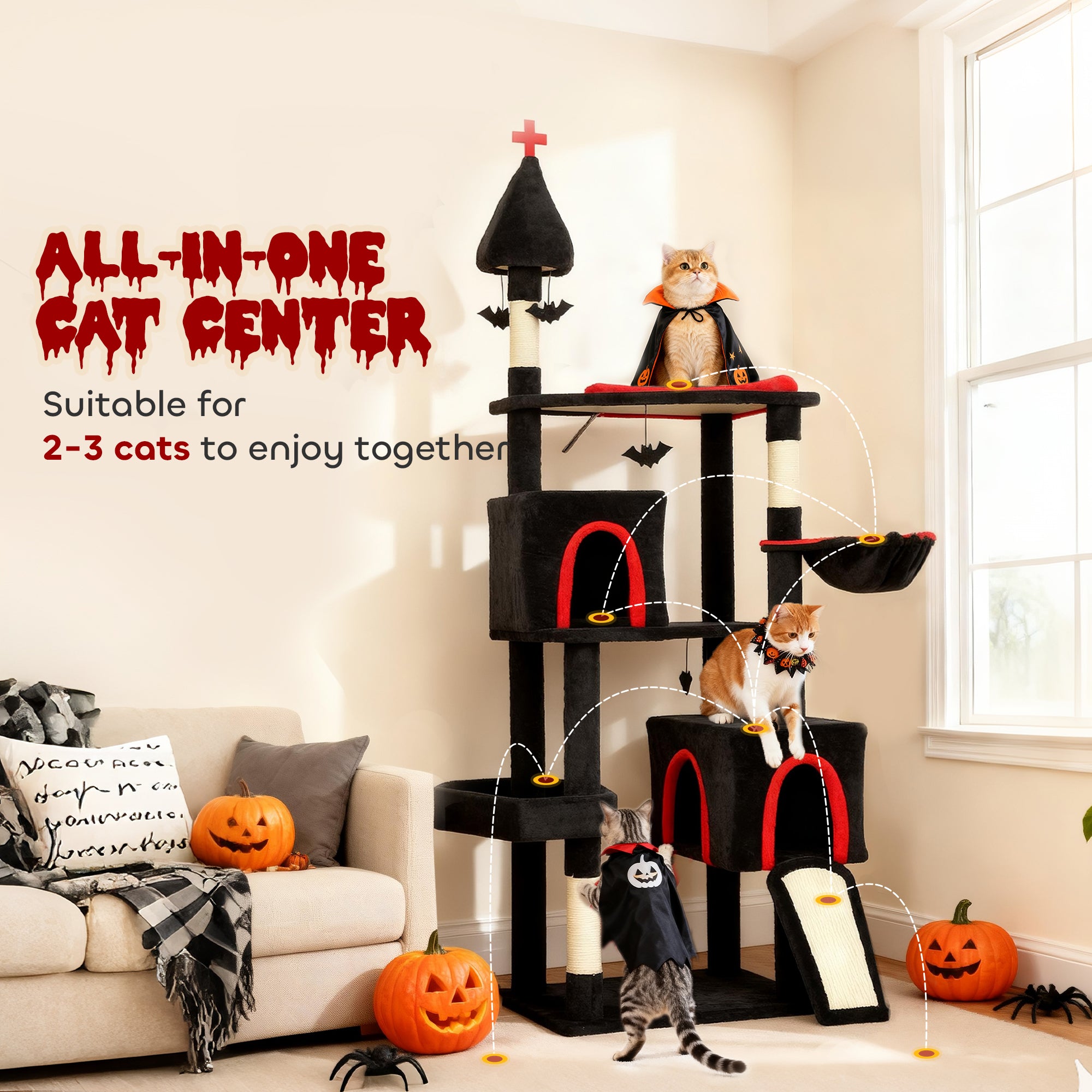 78" Gothic Cat Tree, Cat Tower with Coffin Bed, 2 Spacious Condos, Sisal Scratching Posts, Bat Hanging Balls, Halloween - Black - Image 4