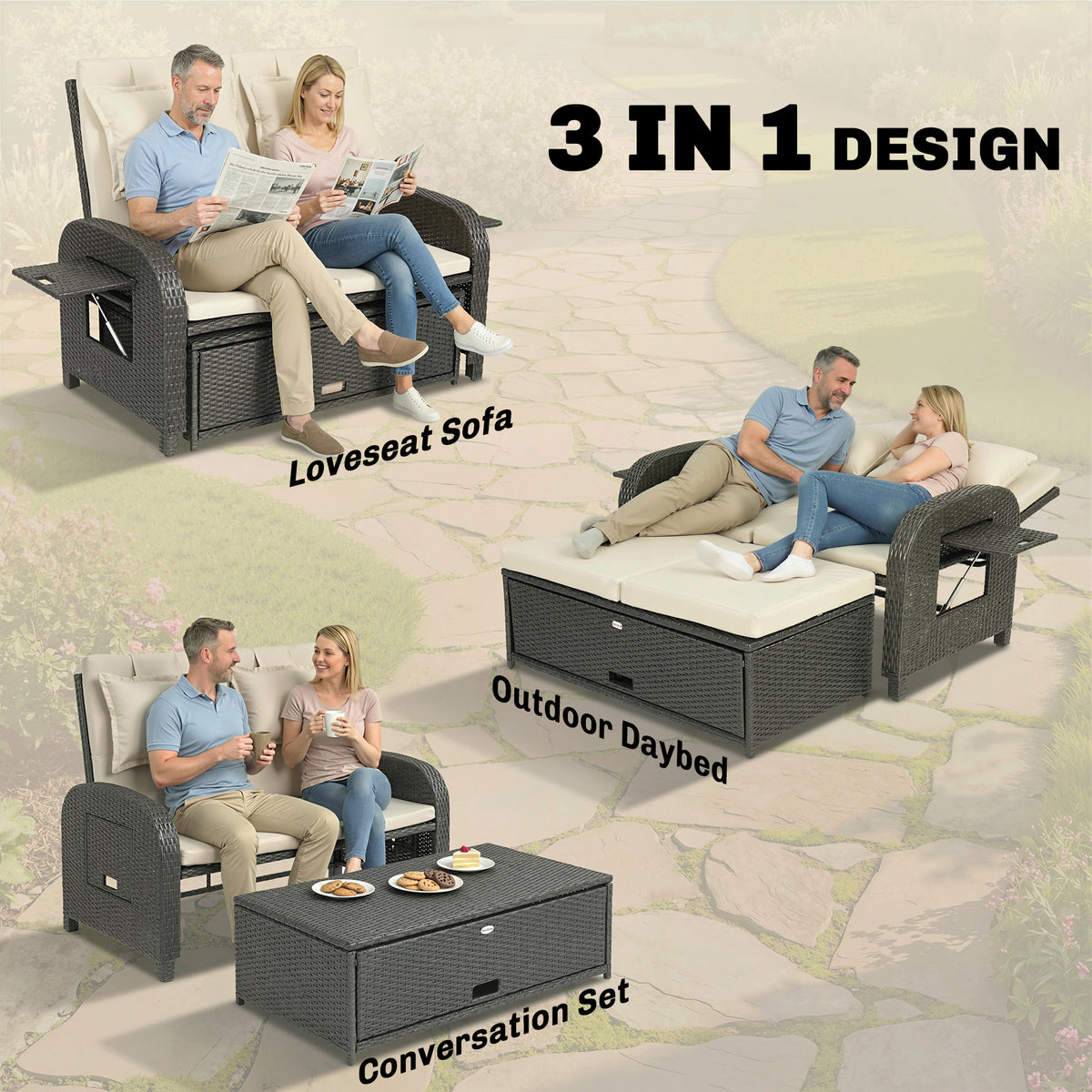 Patio Rattan Daybed, Wicker Outdoor Daybed with Storage Ottoman, Loveseat w/ Adjustable Backrest, Beige