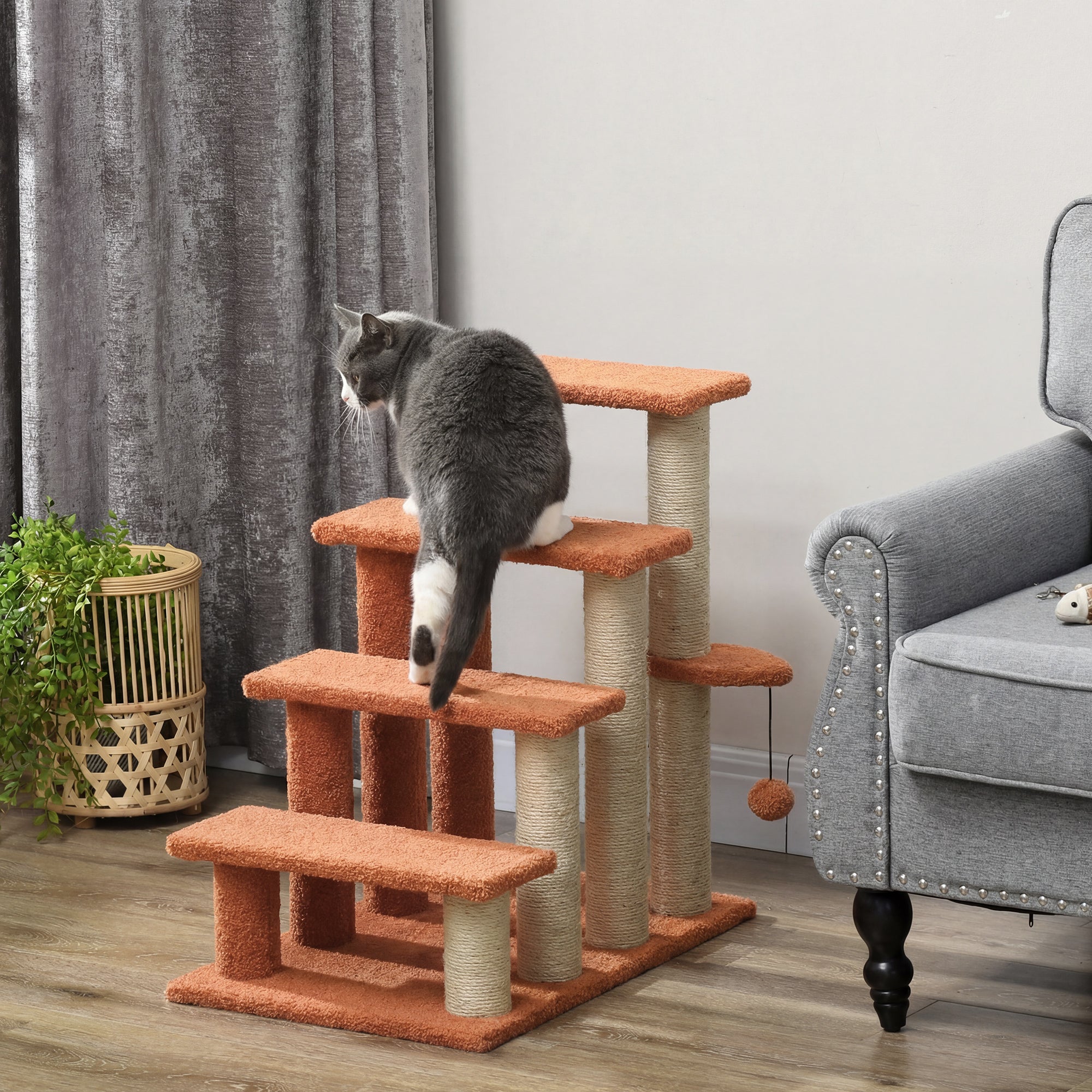 4 Levels Cat Steps with Scratching Posts for High Bed, Sofa, Brown - Brown - Image 2