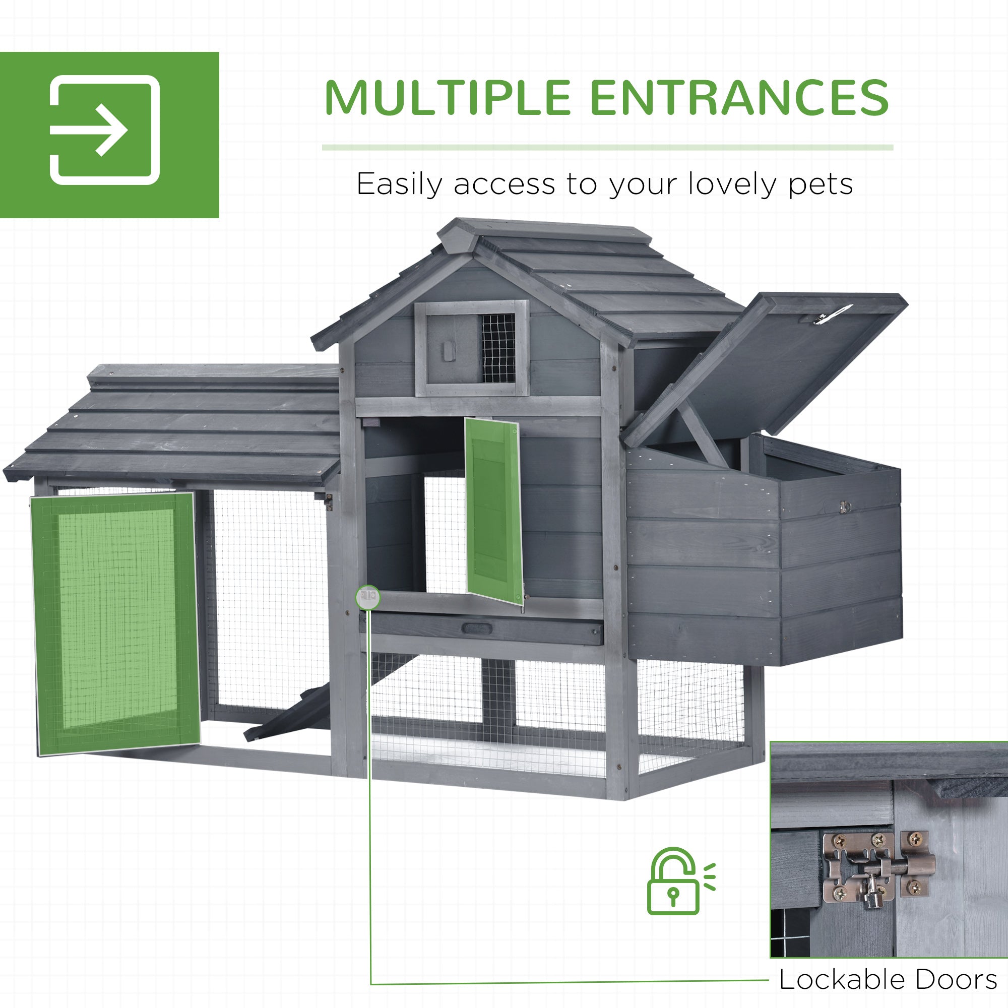 59" Small Wooden Chicken coop Hen House Poultry Cage for Outdoor Backyard with 2 Doors, Nesting Box and Removable Tray, Gray - Grey - Image 5