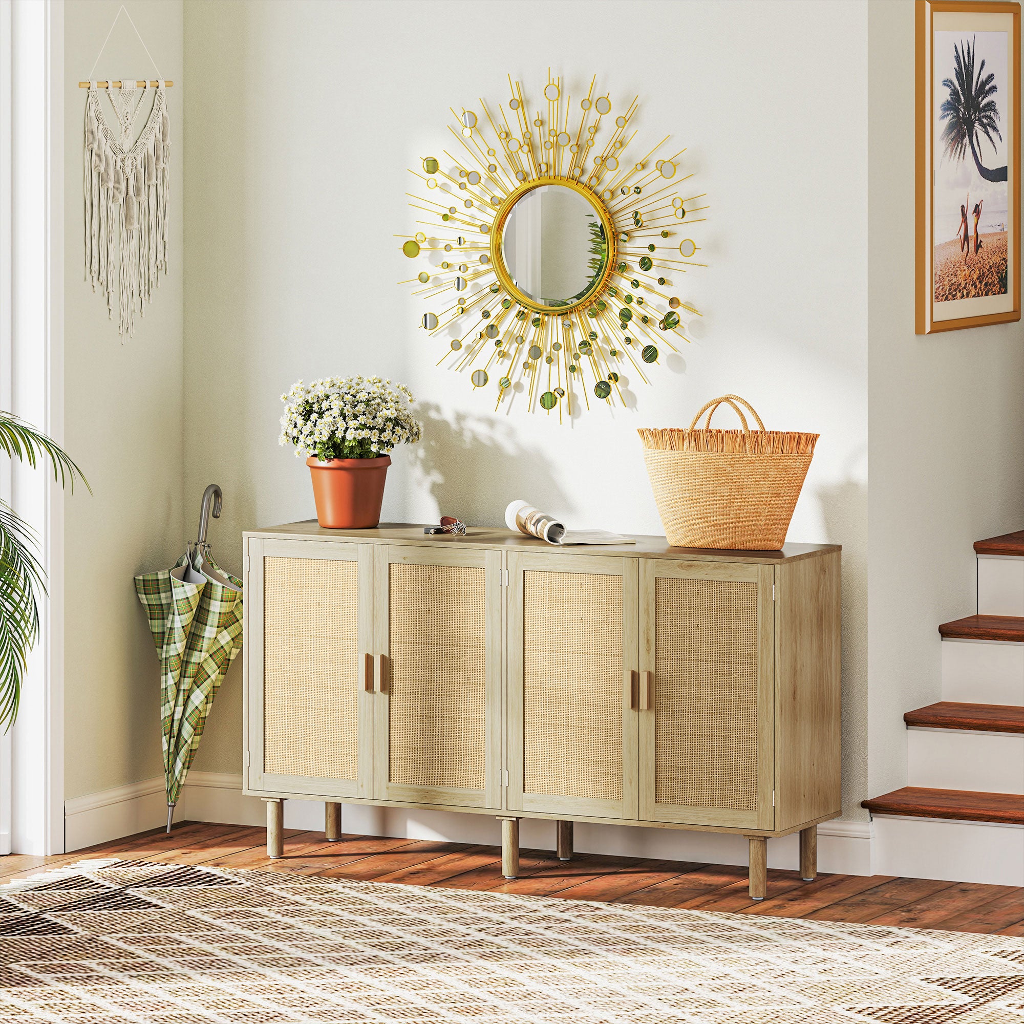 Bohemian Sideboard, 62.2" Buffet Cabinet with 4 Rattan Doors and Shelves for Living Room, Hallway, Natural