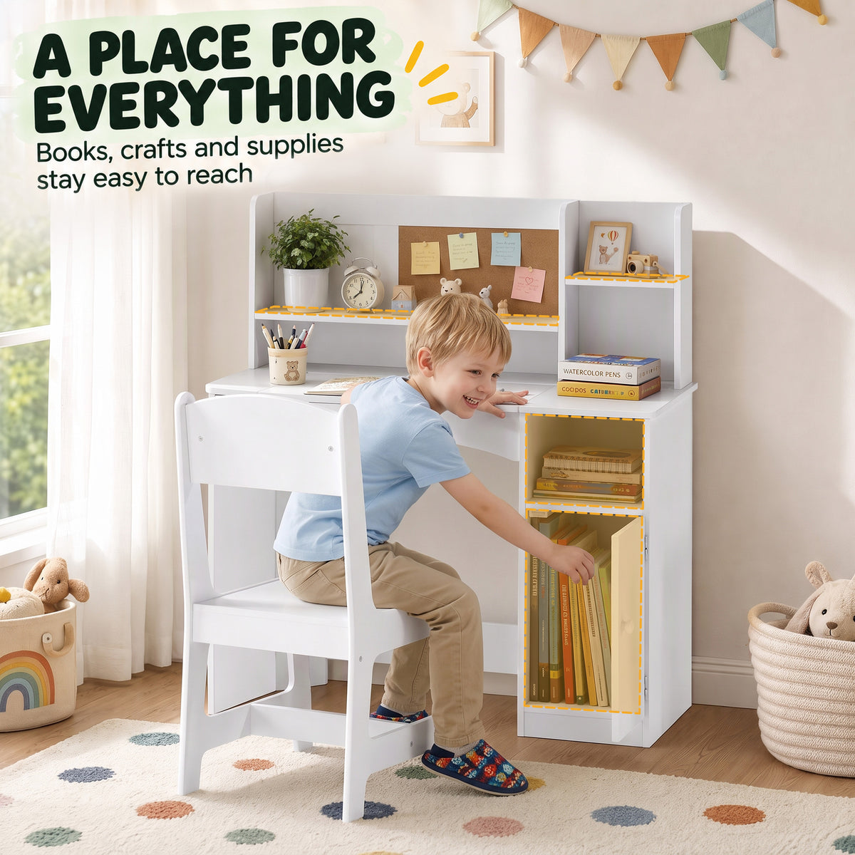 Kids Desk and Chair Set, Wooden Children Study Table with Tiltable Desktop, Storage Cabinet, Hutch for 3-12, White
