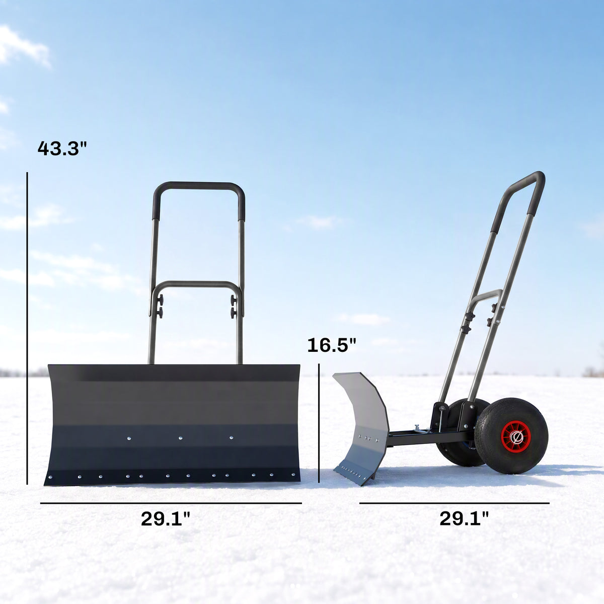 Snow Shovel with Wheels, 29" x 16.5" Metal Snow Pusher with Adjustable Handle, 5-Angle Blade for Driveway, Black