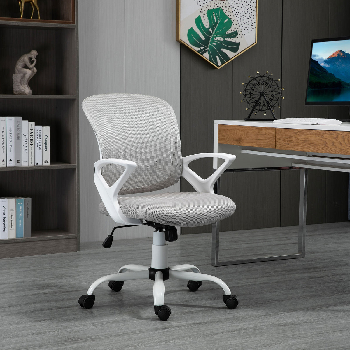 Swivel Mid Back Computer Desk Chair, Ergonomic Mesh Office Chair with Rocking Function, Rolling Wheels, Gray