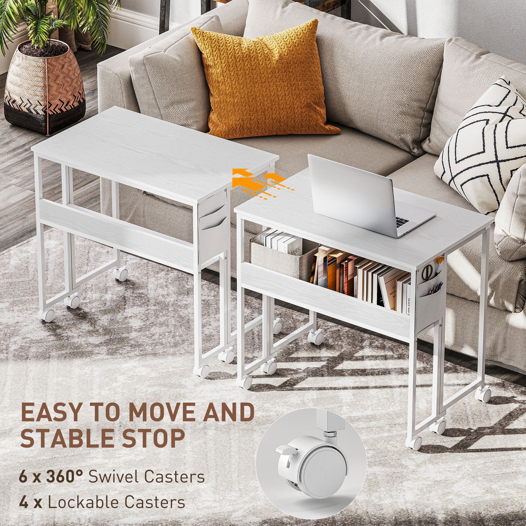 Folding Computer Desk, Foldable Desk with Storage Bag, Shelf and Wheels for Small Spaces, Home Office, White