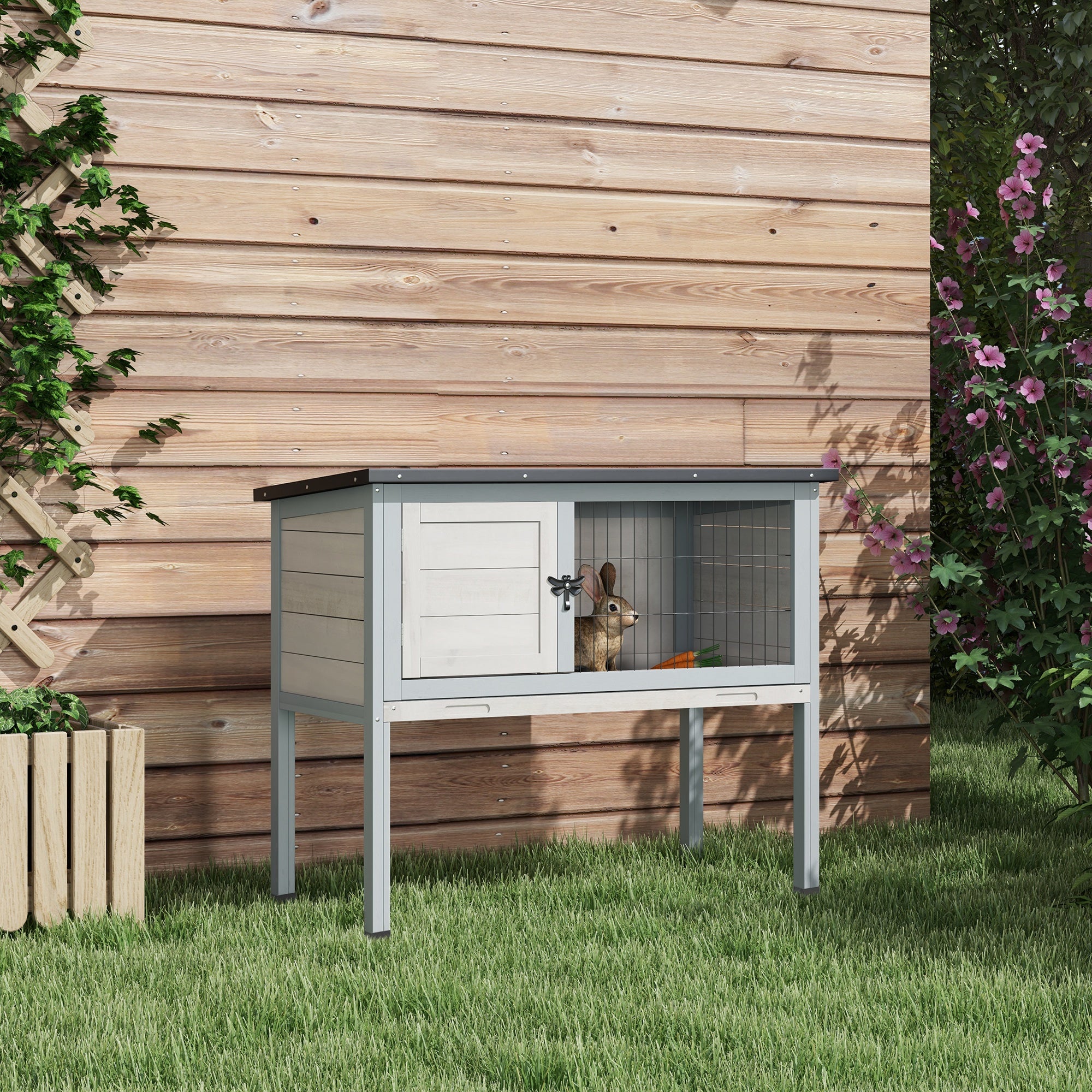 Elevated Rabbit Hutch, Wooden Bunny Cage with Hinged Asphalt Roof and Removable Tray, for Indoor/Outdoor, Gray - Gray - Image 2