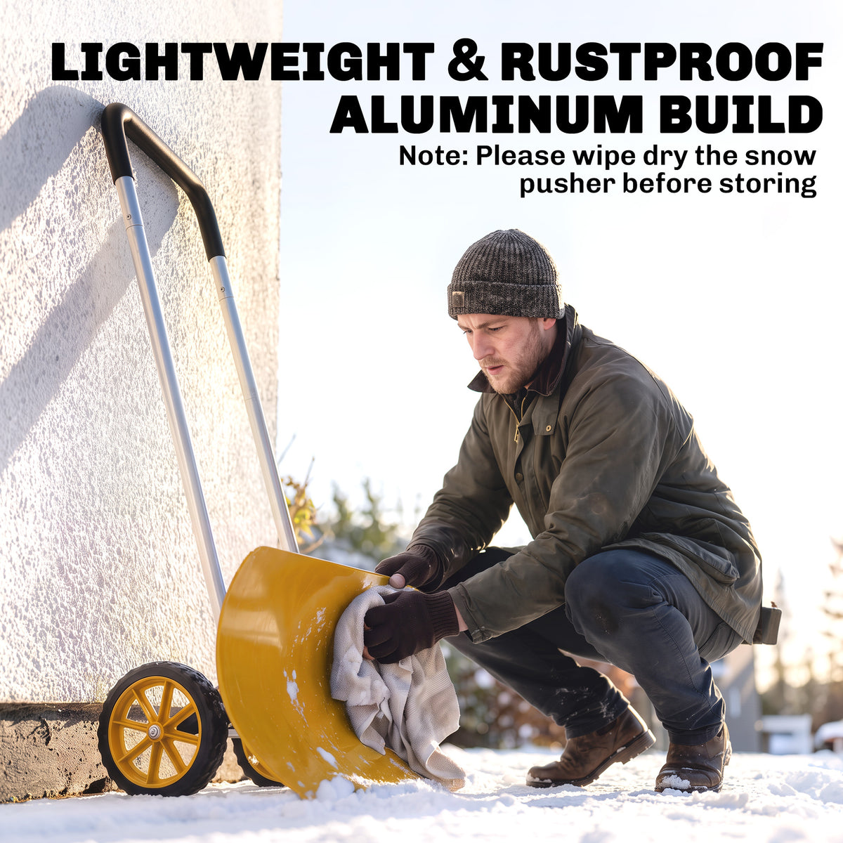 37-Inch Extra Wide Snow Shovel with Wheels, Heavy Duty Aluminum Snow Pusher with Ergonomic Adjustable Handle, Yellow