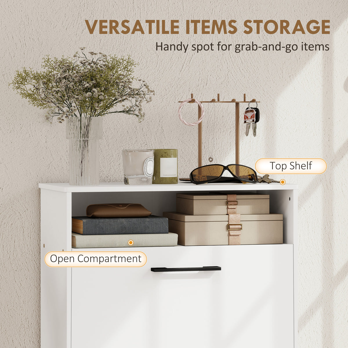 Shoe Cabinet 2 Flip Drawers Adjustable Dividers Shoe Storage Cabinet Top Shelf Entryway White