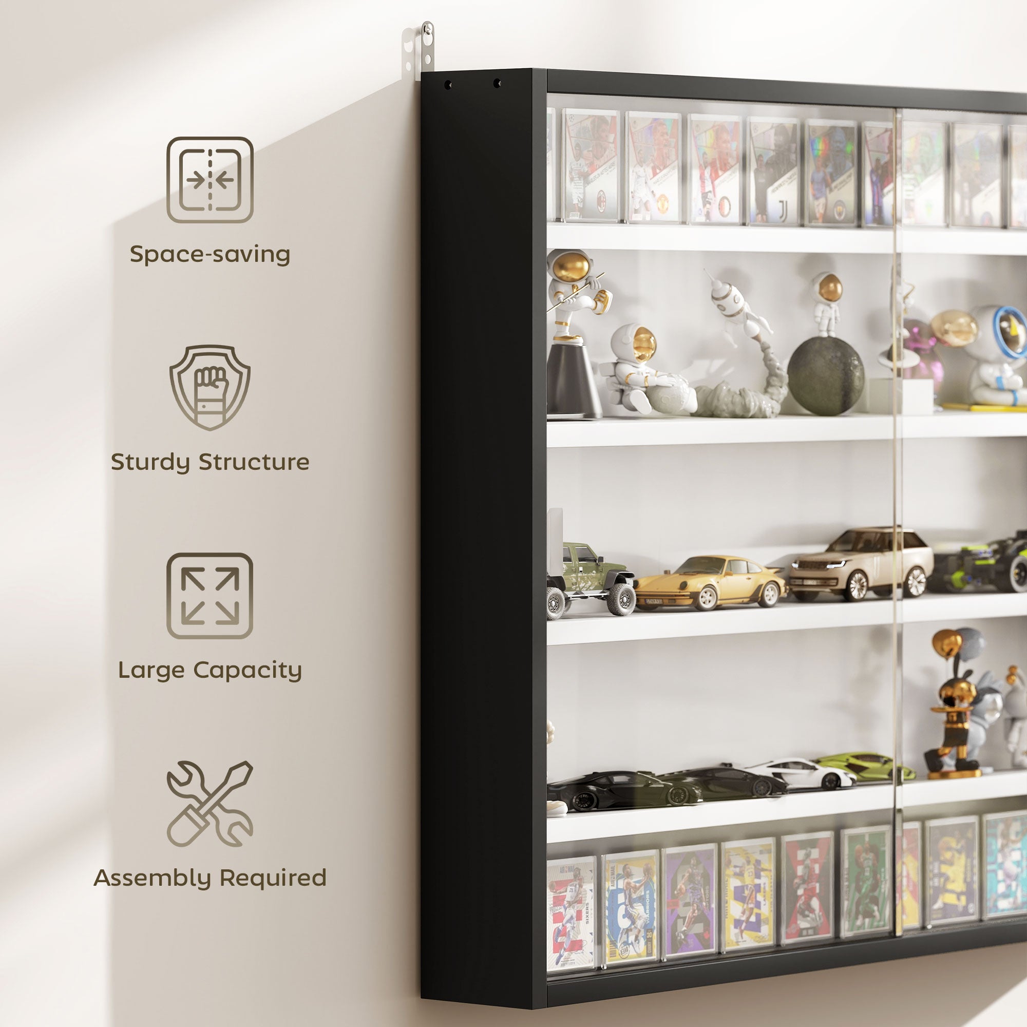 5-Tier Display Cabinet, Wall-Mounted Display Case with 2 Glass Doors and Adjustable Shelves, Black