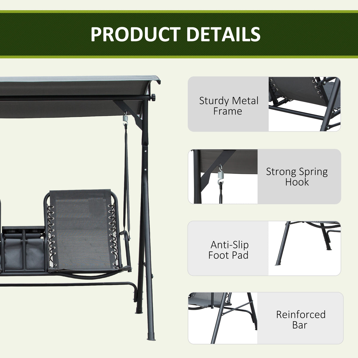 2-Seat Outdoor Porch Swing, with Pivot Storage Table, Cup Holder, & Adjustable Overhead Canopy, Stand's Skid-Resistant Feet Pad, Breathable Mesh Seat, Steel Frame, for Patio, Gray