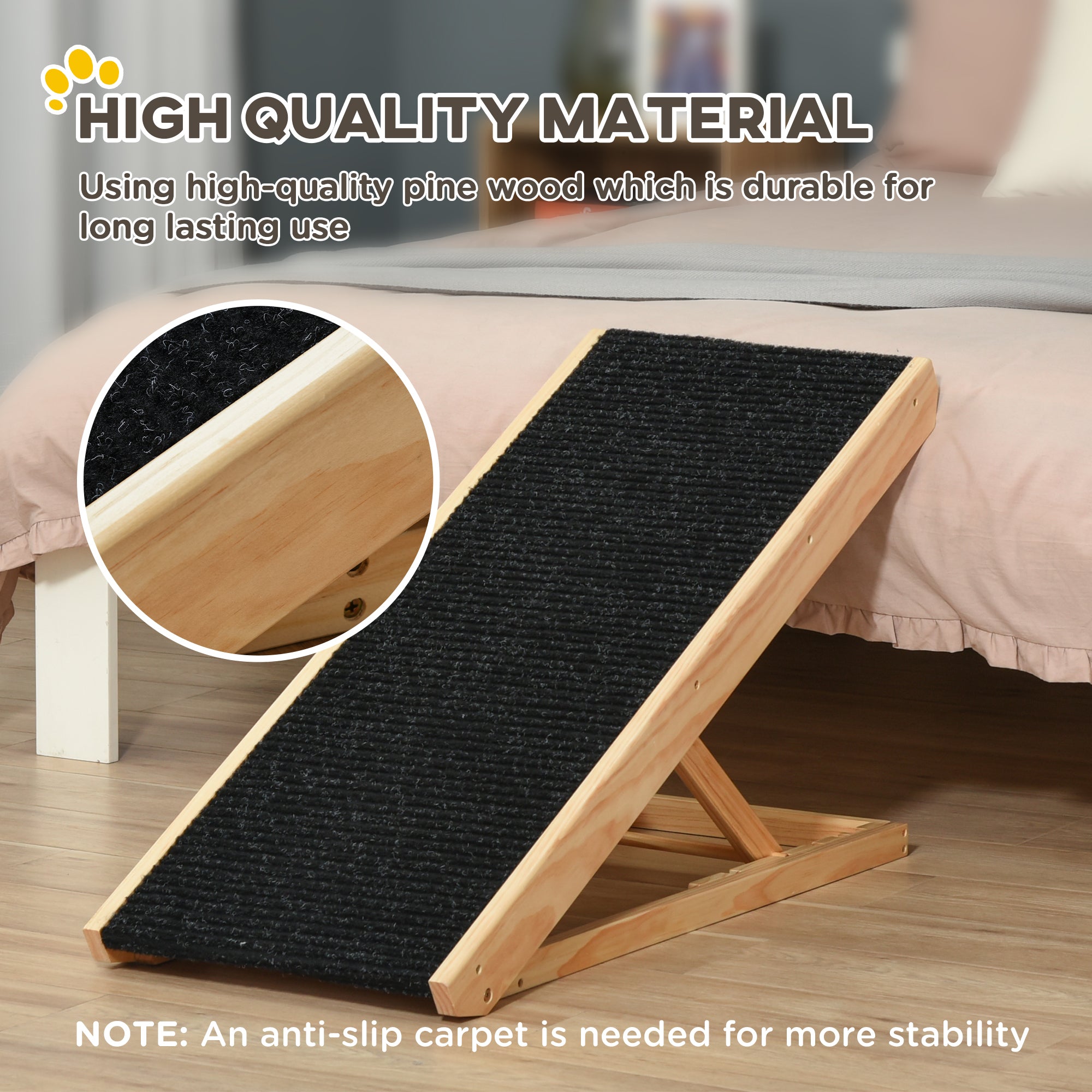 Elevated Dog Ramp for Bed, Foldable and Height Adjustable Pet Ramp for Cats with Non-Slip Finish, Pine 35.5" L x 16" W x 24" H, Black - Black - Image 4