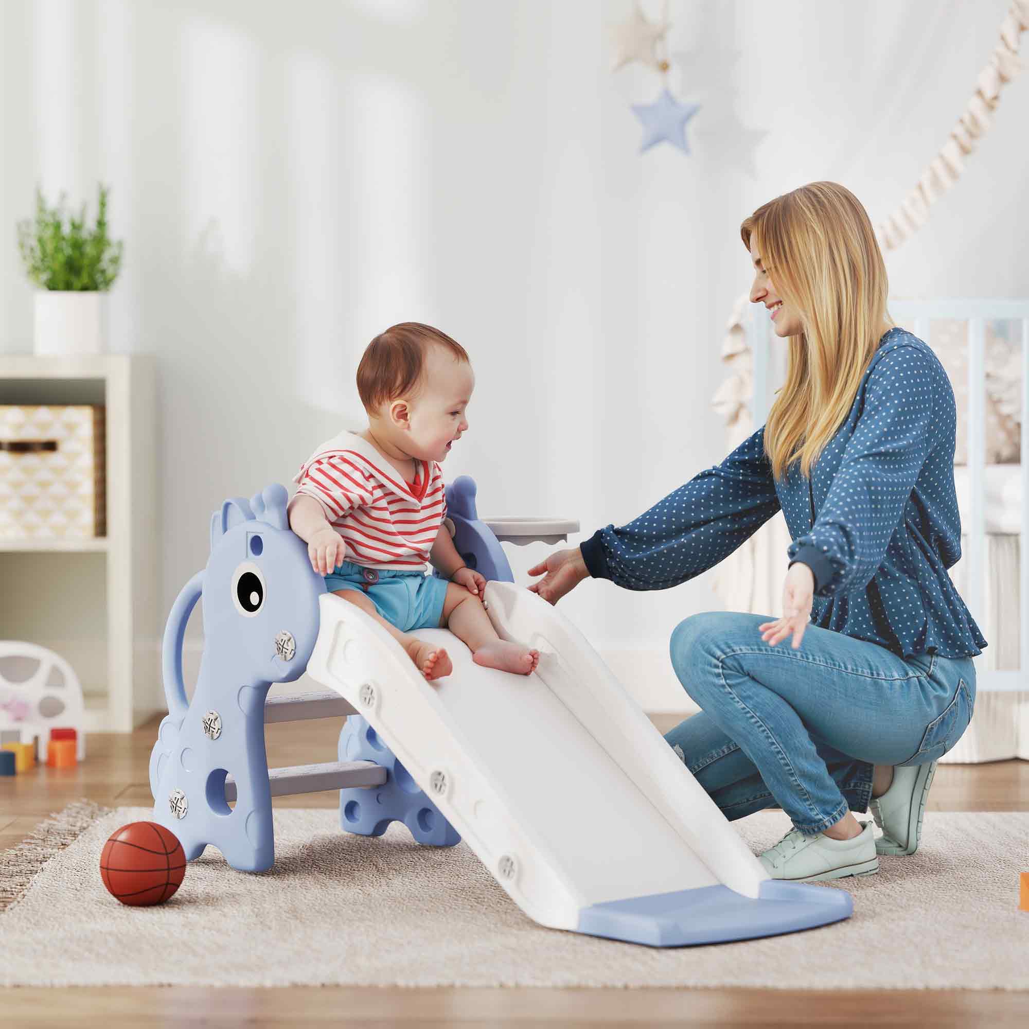 3-in-1 Toddler Slide for Age 1-3, Freestanding Kids Slide with Climber, Basketball Hoop and Ball, Giraffe Design, Blue
