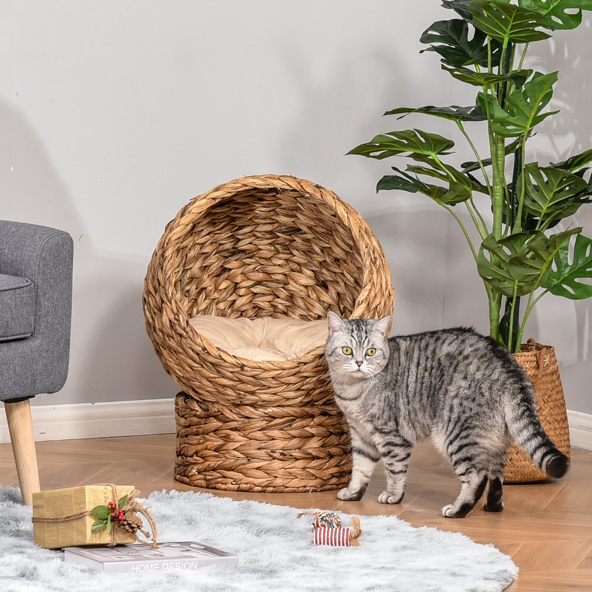 Handwoven Elevated Cat Bed with Soft Cushion & Egg Chair Shape, Basket Bed Kitty House with Stand, Raised Wicker House for Indoor Cats, 23.5" H, Light Brown - Brown - Image 2
