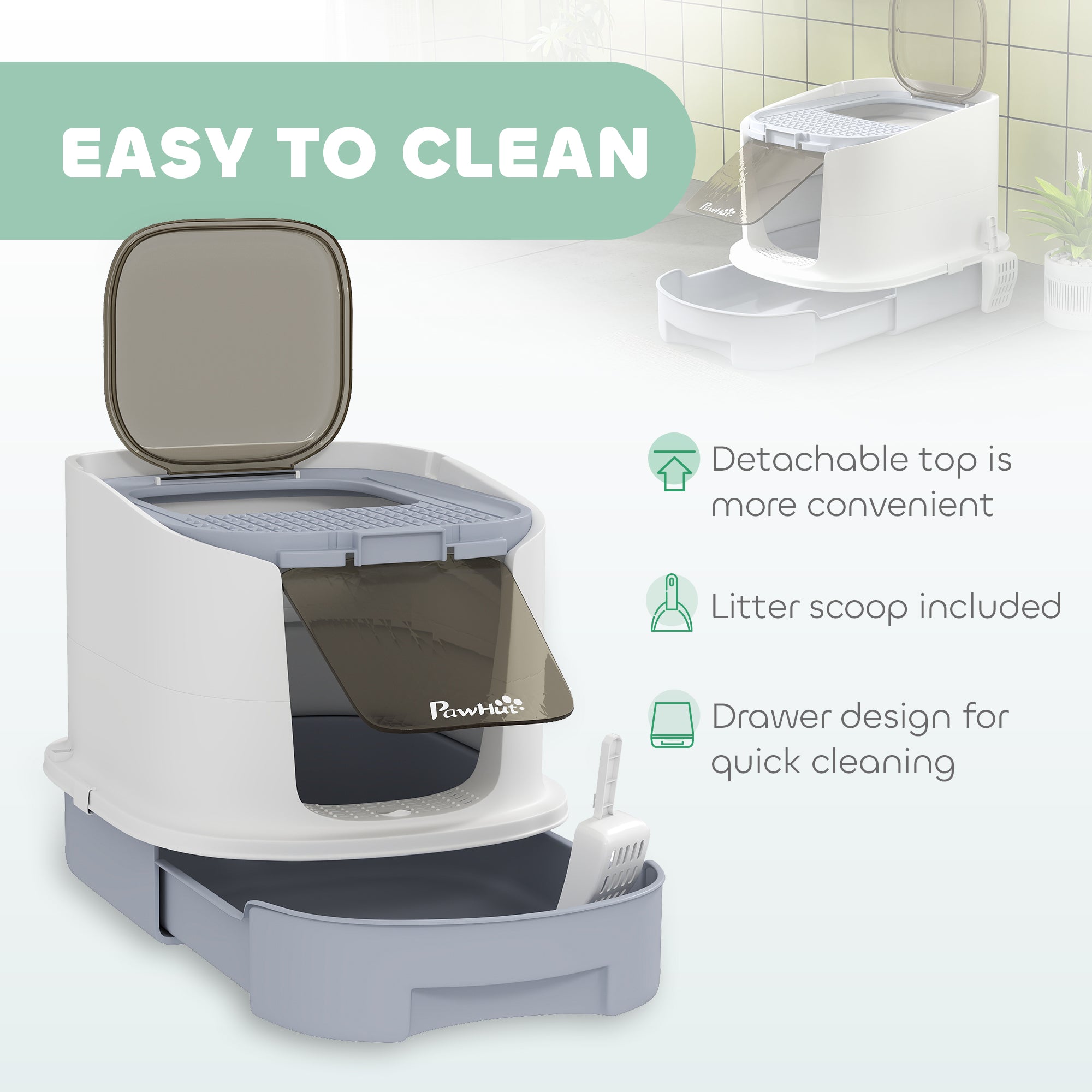 Covered Cat Litter Box with Lid, Drawer, Scoop, Top Entry, Deodorizing Bags, Odor Control, Easy to Clean, Gray - Gray - Image 5