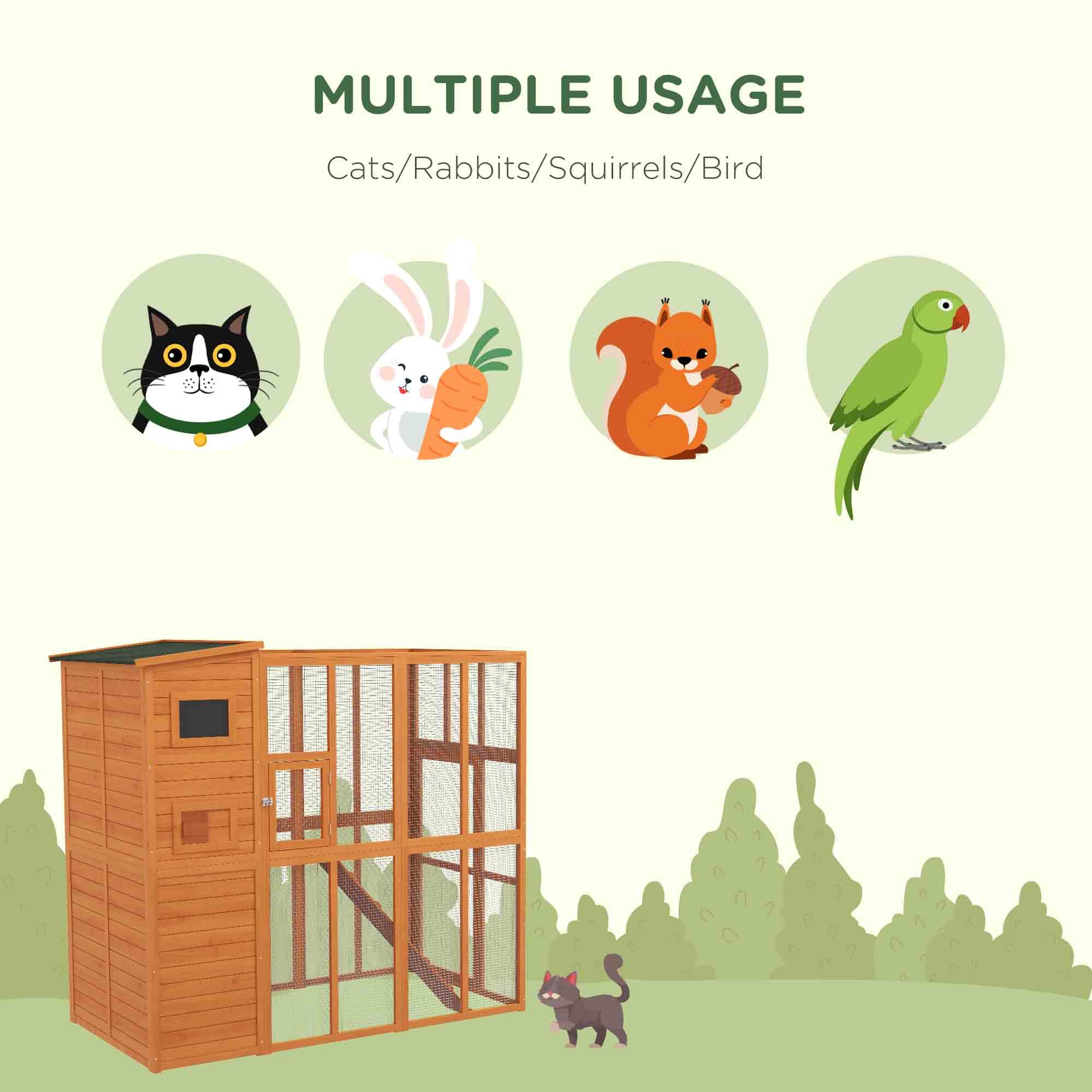 Wooden Outdoor Catio with Platforms, Asphalt Roof, Ramps, Natural - Orange - Image 5