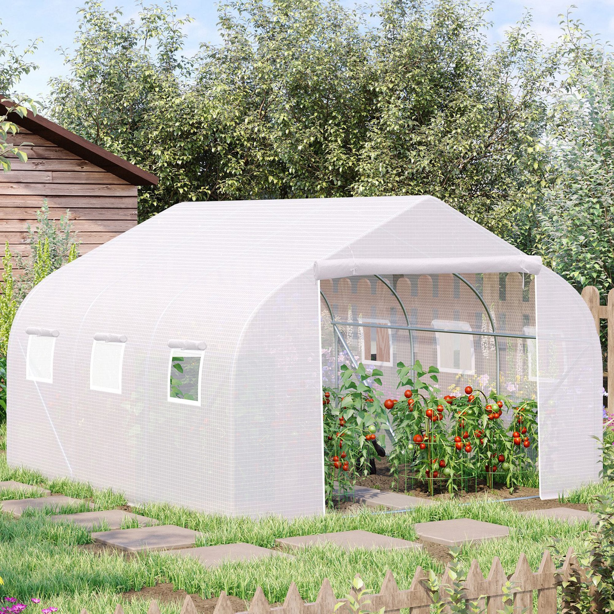 11.5' x 10' x 6.5' Outdoor Walk-in Greenhouse, Tunnel Green House with Roll-up Windows, Zippered Door, PE Cover, Heavy Duty Steel Frame, White - White - Image 2