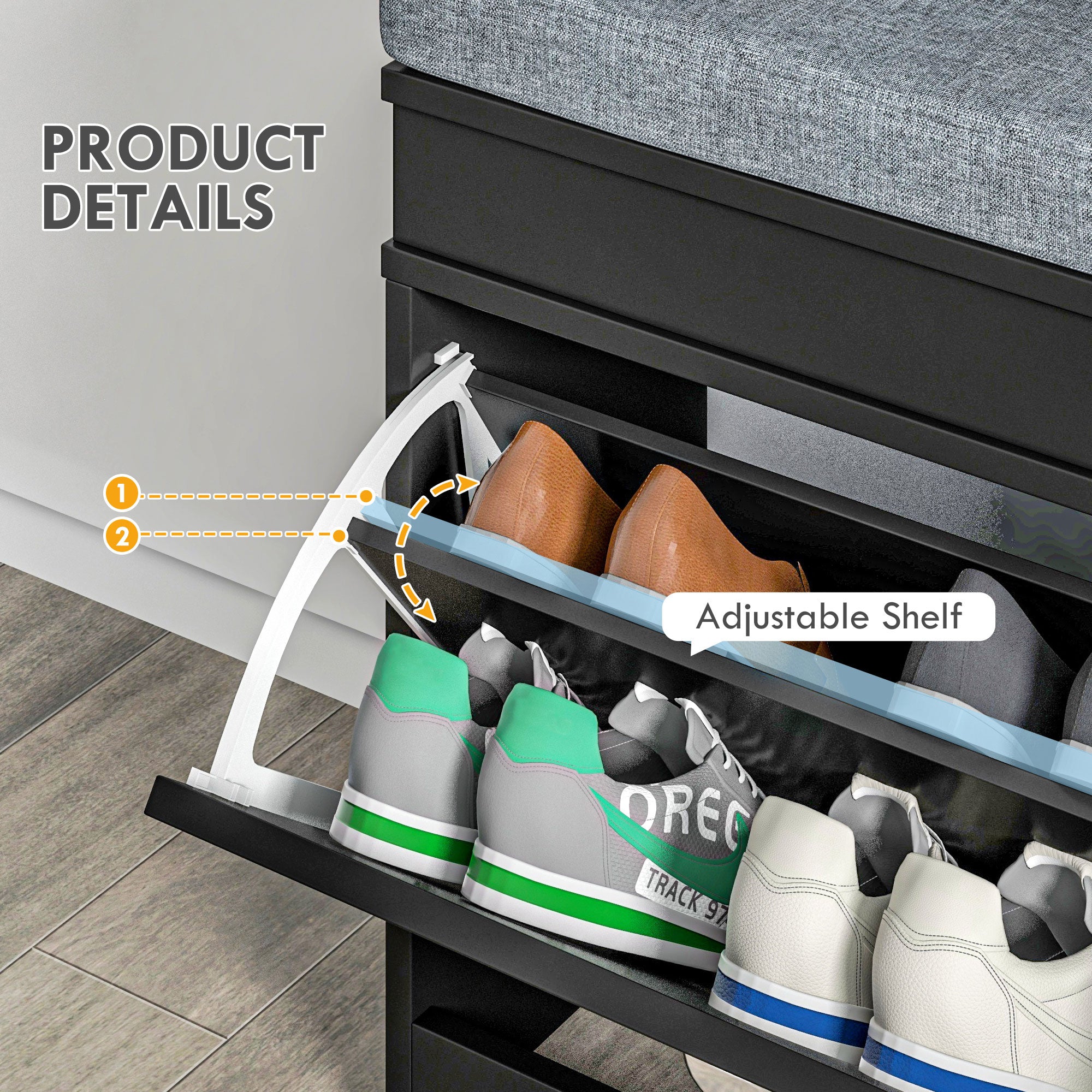 Modern Shoe Storage Bench, Entry Way Bench with Cushion, 2 Drawers, Storage Ottoman Bench, Holds 8 Pairs, Black