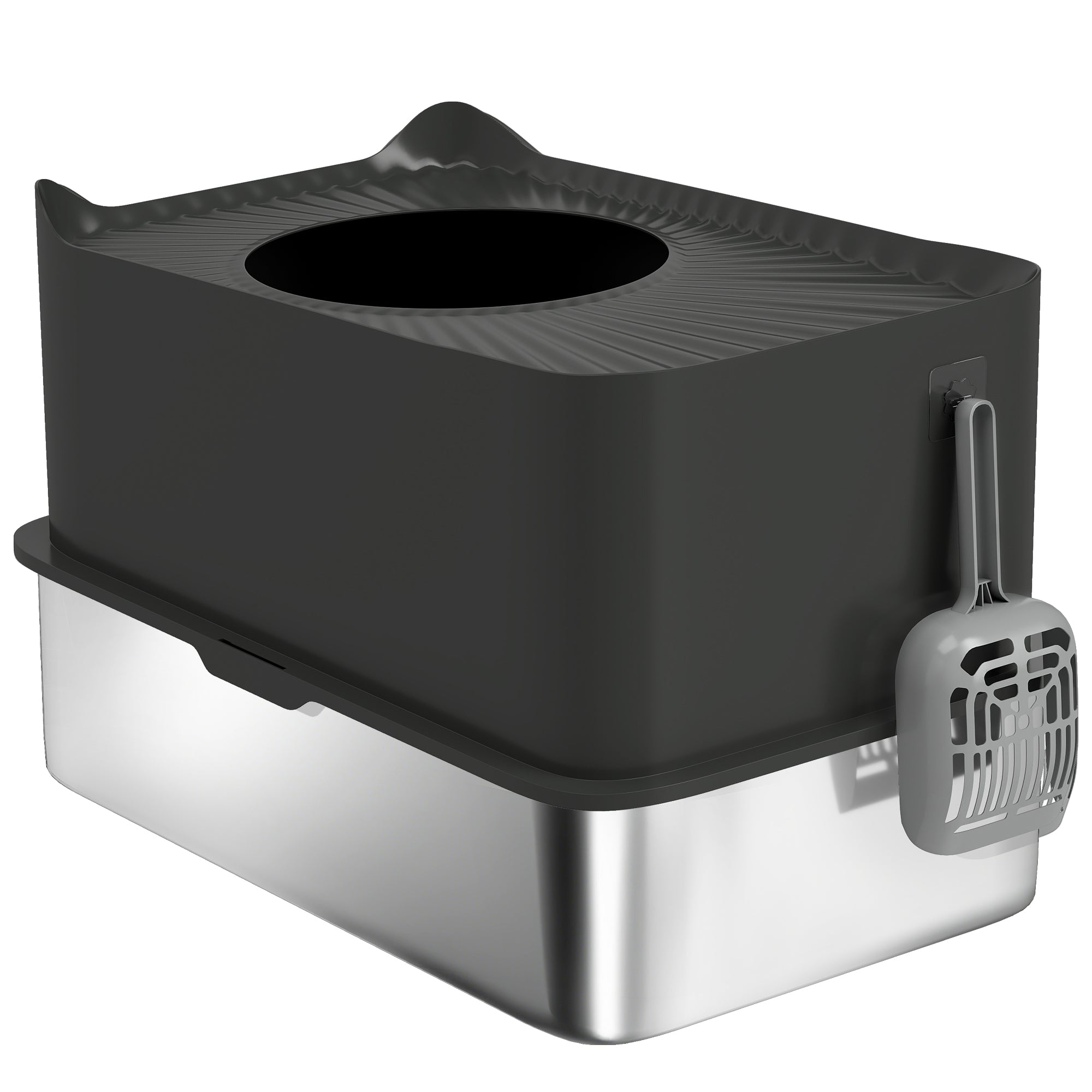 Extra Large Stainless Steel Litter Box, Enclosed Cat Litter Box with Scoop, Top Entrance, Non-slip Pads, Black - Black
