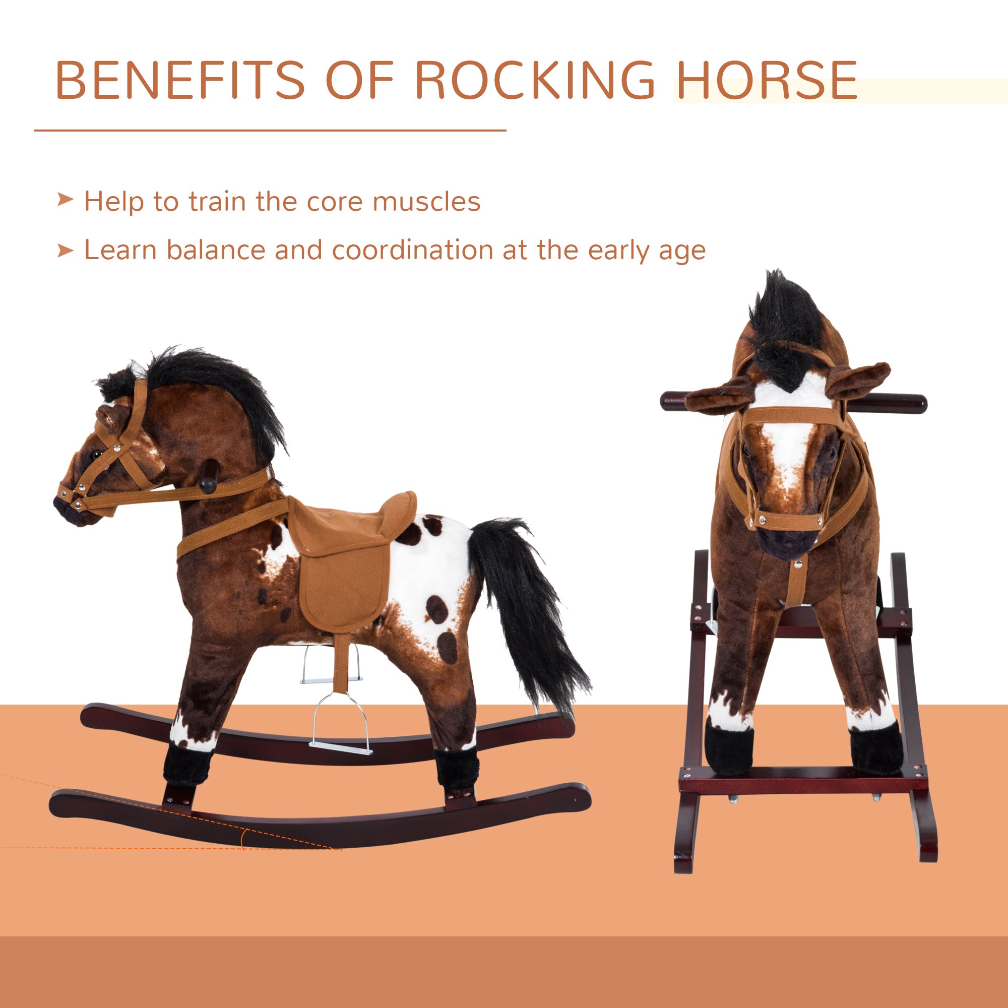 Kids Wooden Plush Ride-On Rocking Horse Chair Toy with Realistic Sounds Dark Brown/White