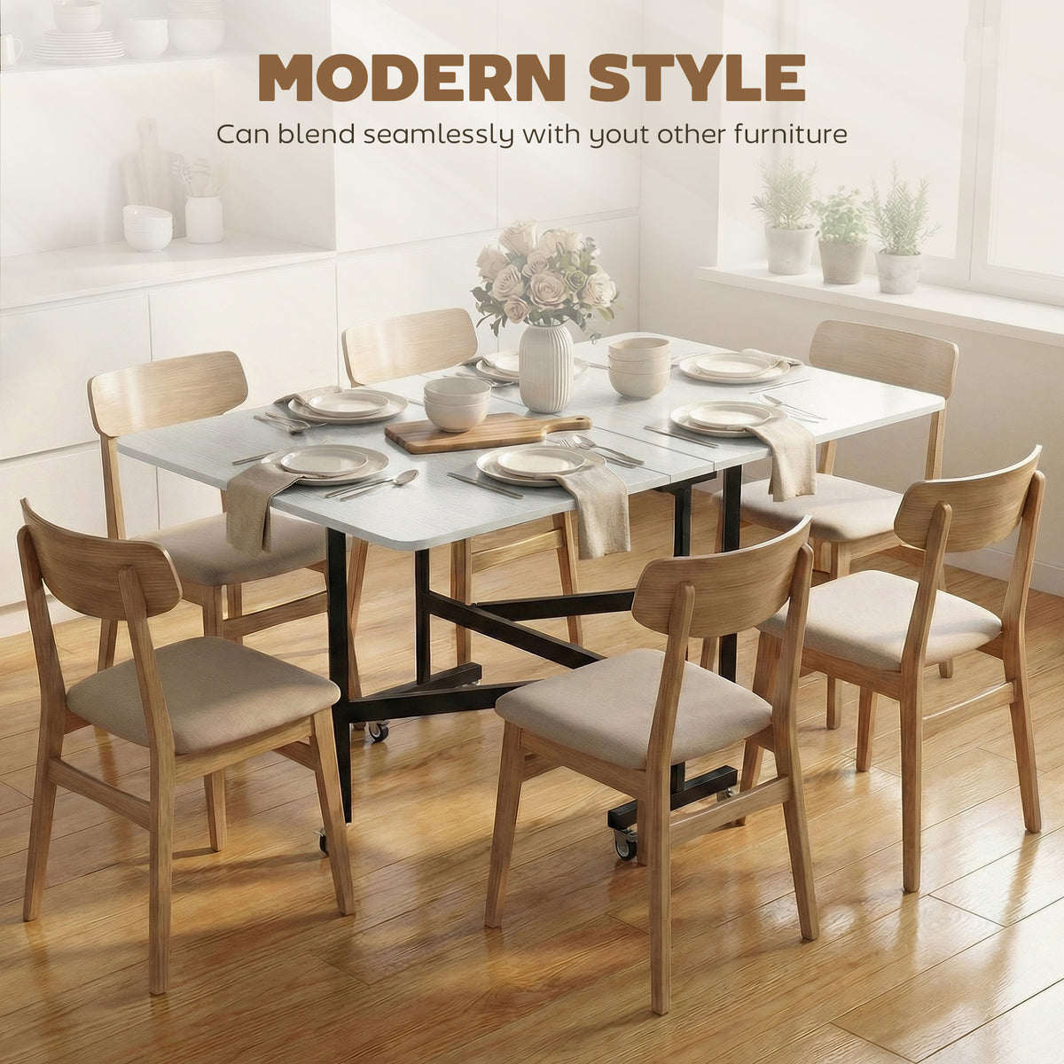 Drop-Leaf Table for Small Spaces, Extendable Kitchen Table with 6 Smooth Wheels & Brakes, Space-Saving Design, White