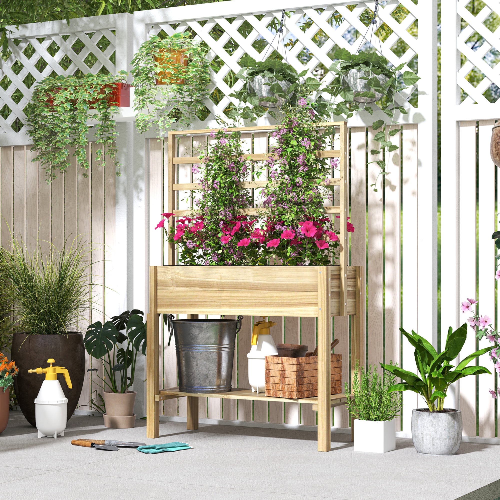 Wooden Raised Garden Bed with Trellis, Outdoor Planter Box with Storage Shelf for Vegetables, Flowers, Herbs - Natural Wood - Image 2