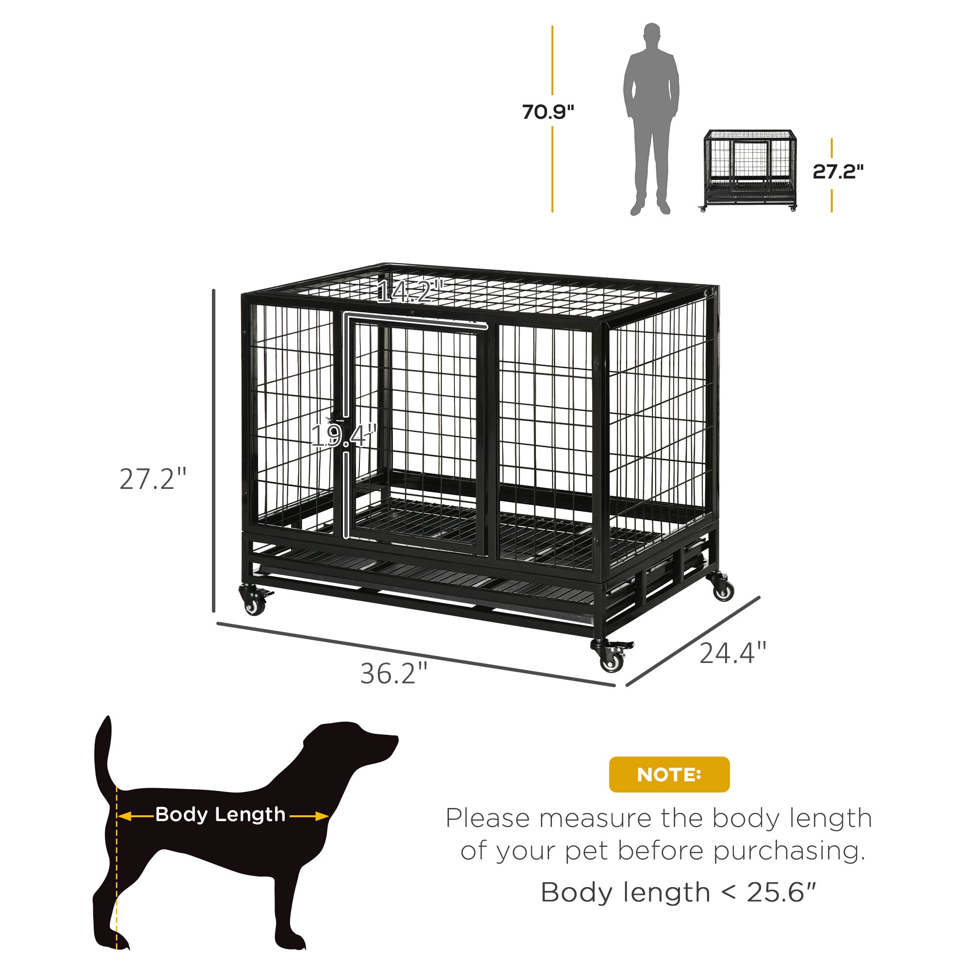 36" Heavy Duty Dog Crate with Removable Tray, Lockable Wheels and Double Door, for Medium and Large Dogs, Black - Black - Image 3