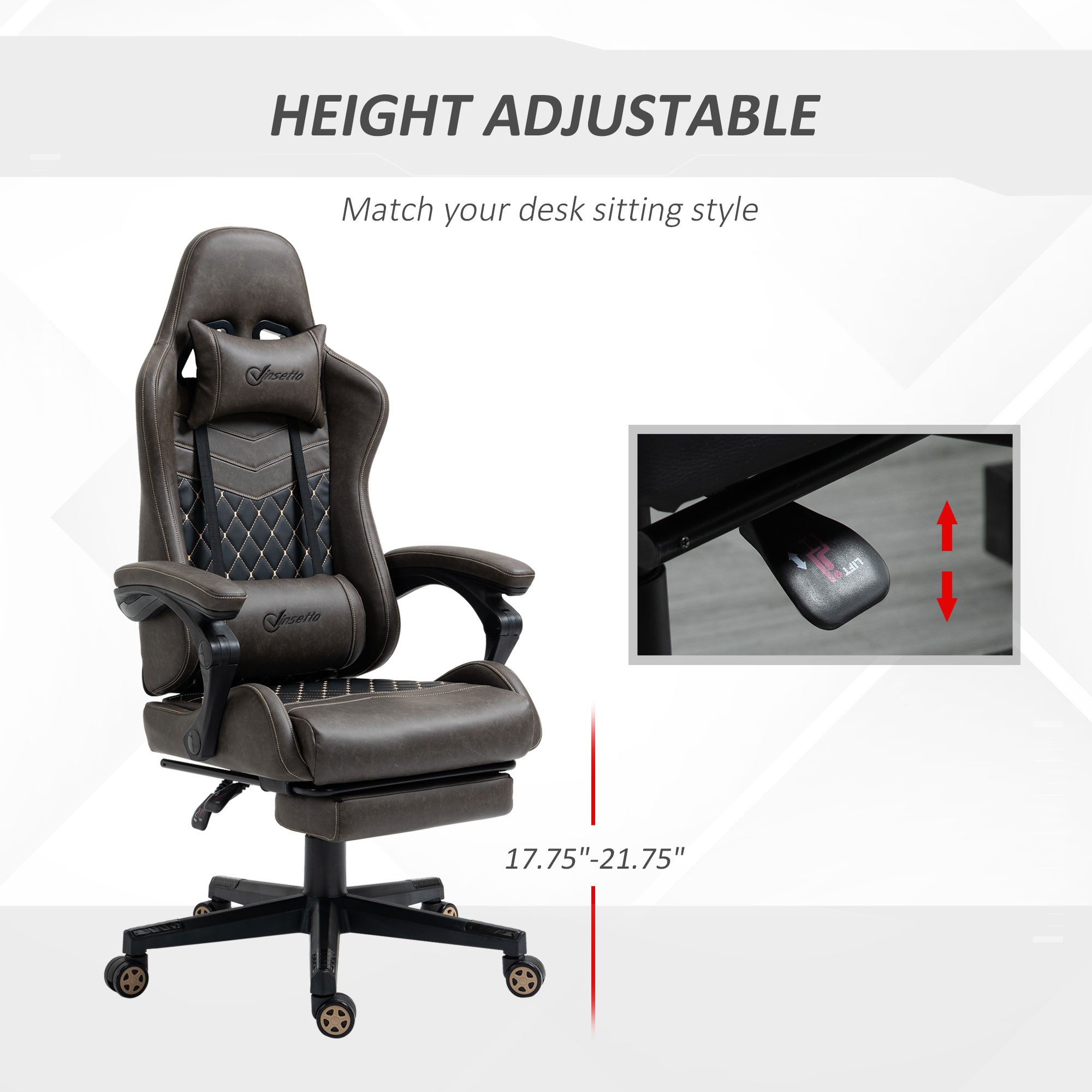Racing Gaming Chair Diamond PU Leather Office Gamer Chair High Back Swivel Recliner with Footrest, Lumbar Support, Adjustable Height, Brown