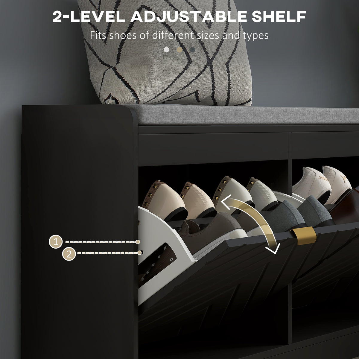 Narrow Storage Bench, Upholstered Entry Way Bench, Shoe Rack Bench with 2 Flip Drawers, 2 Vents for 8 Pairs of Shoes