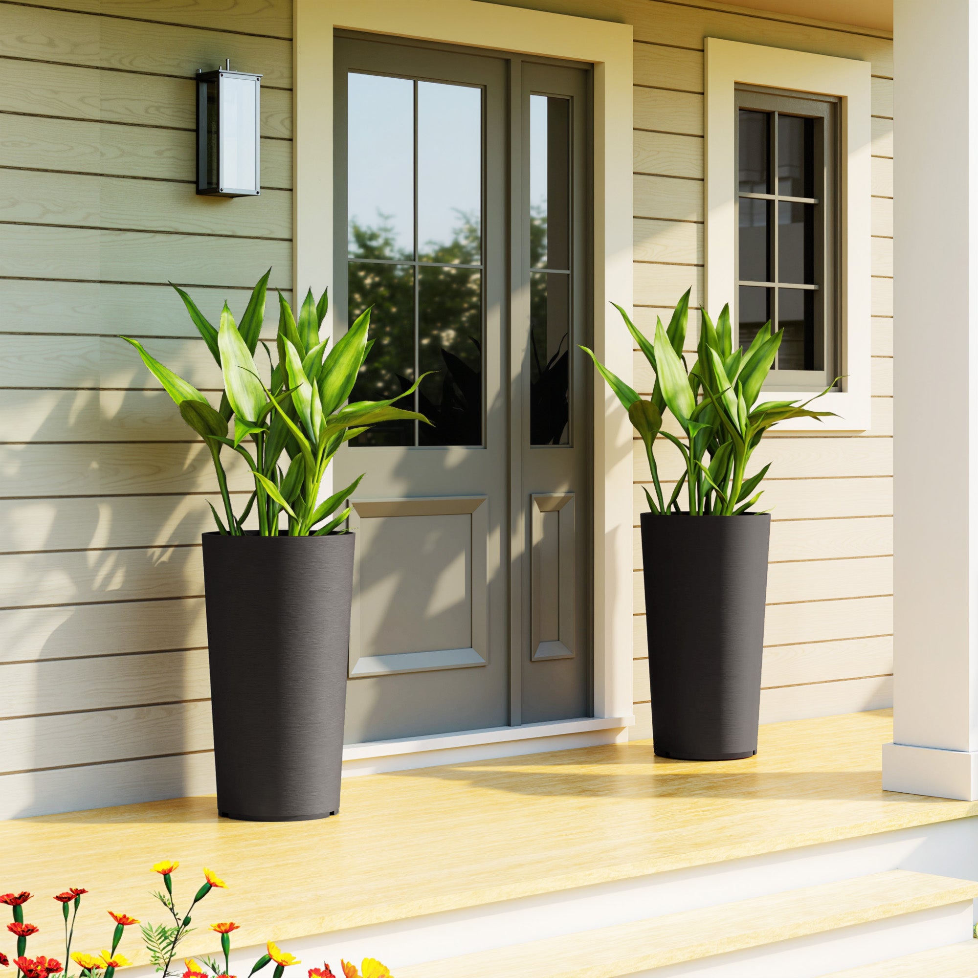 29 Inch Outdoor Planter, Set of 2 Plastic Flower Pots, Weather and UV Resistant Stackable Large Planters, Black - Black - Image 8