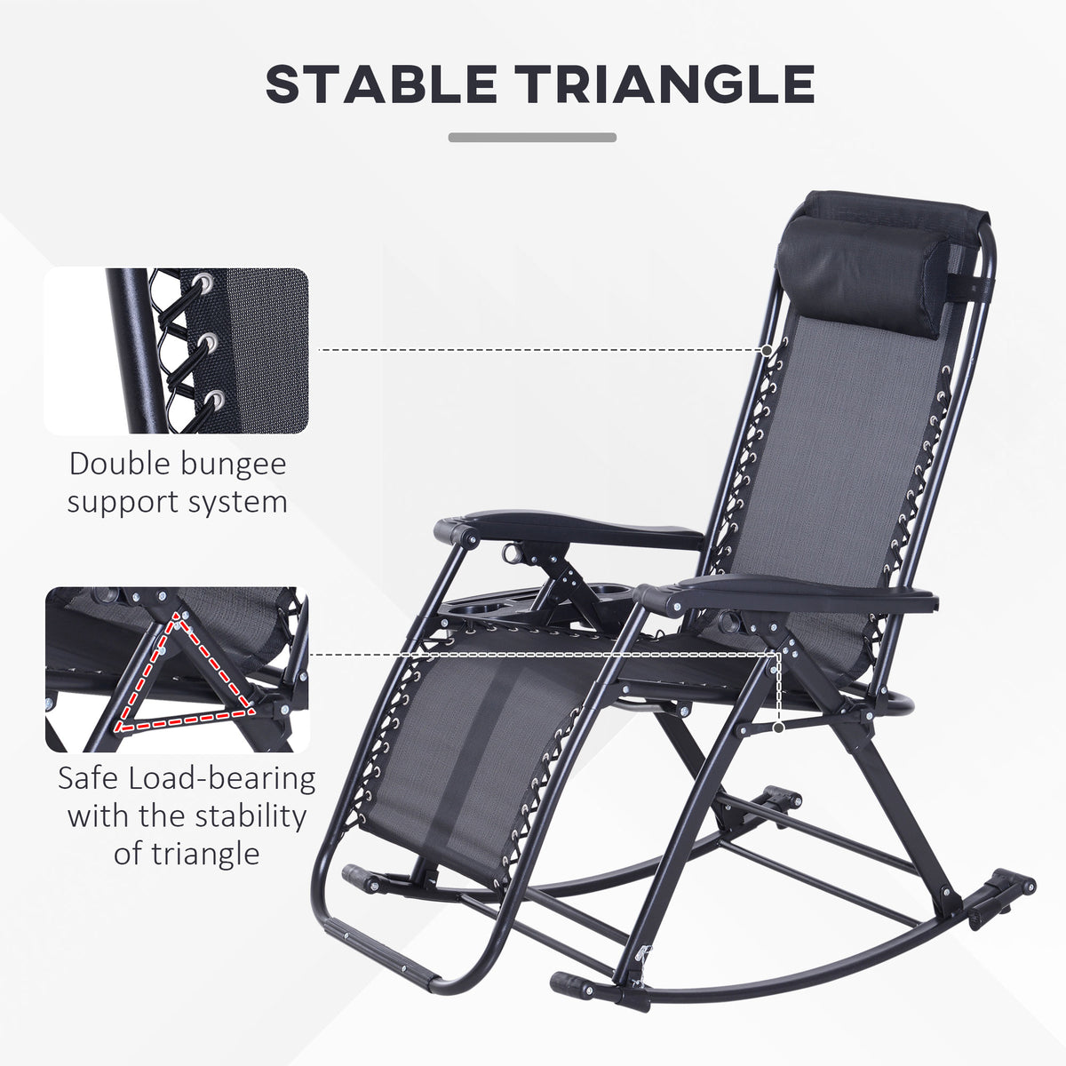Outdoor Rocking Chairs, Foldable Reclining Zero Gravity Lounge Rocker with Pillow, Cup & Phone Holder, Combo Design with Folding Legs, Black
