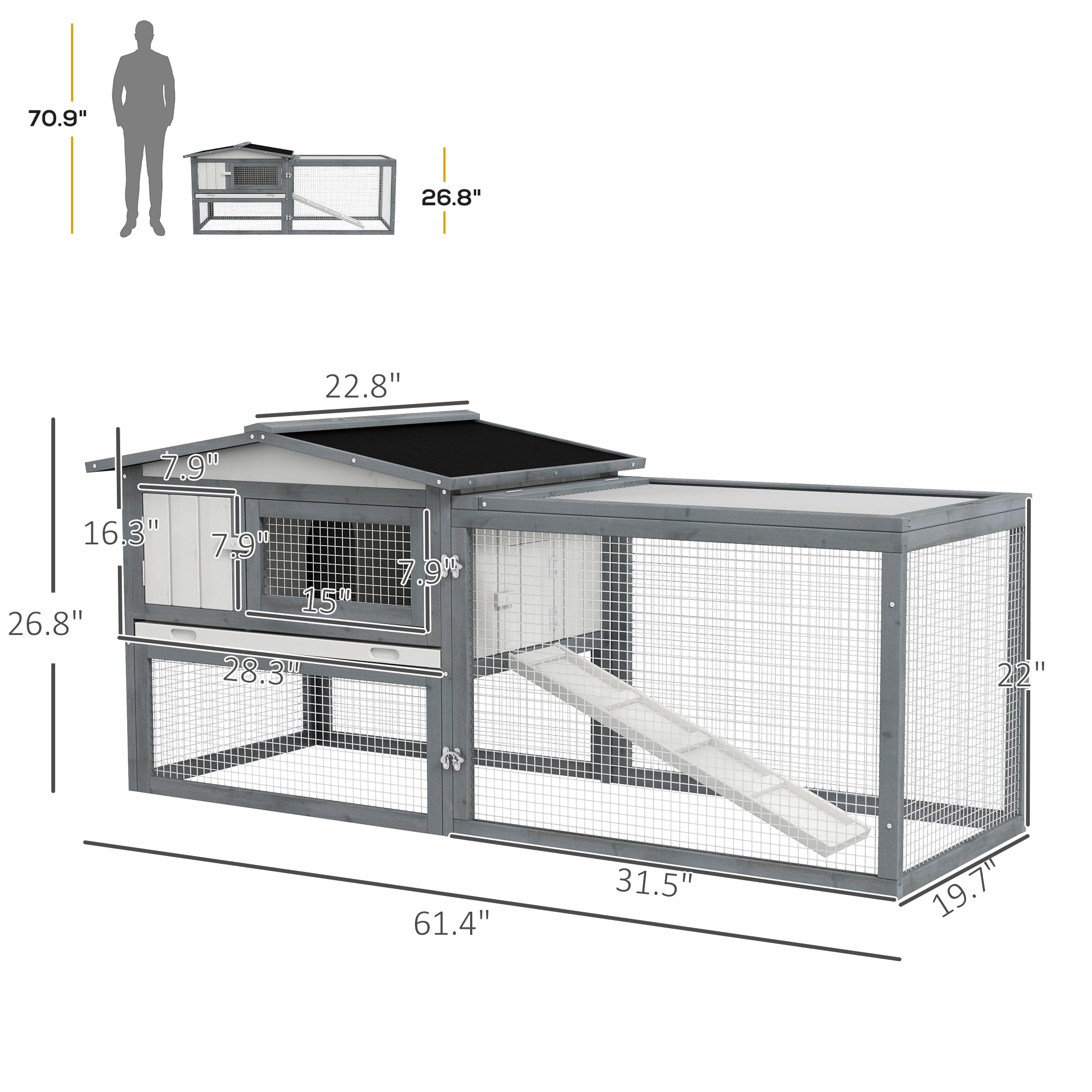 Large Rabbit Cage Outdoor 61"L Guinea Pig Hutch w/ Run Feeding Trough Removable Tray Ramp Asphalt Roof, White - White - Image 3