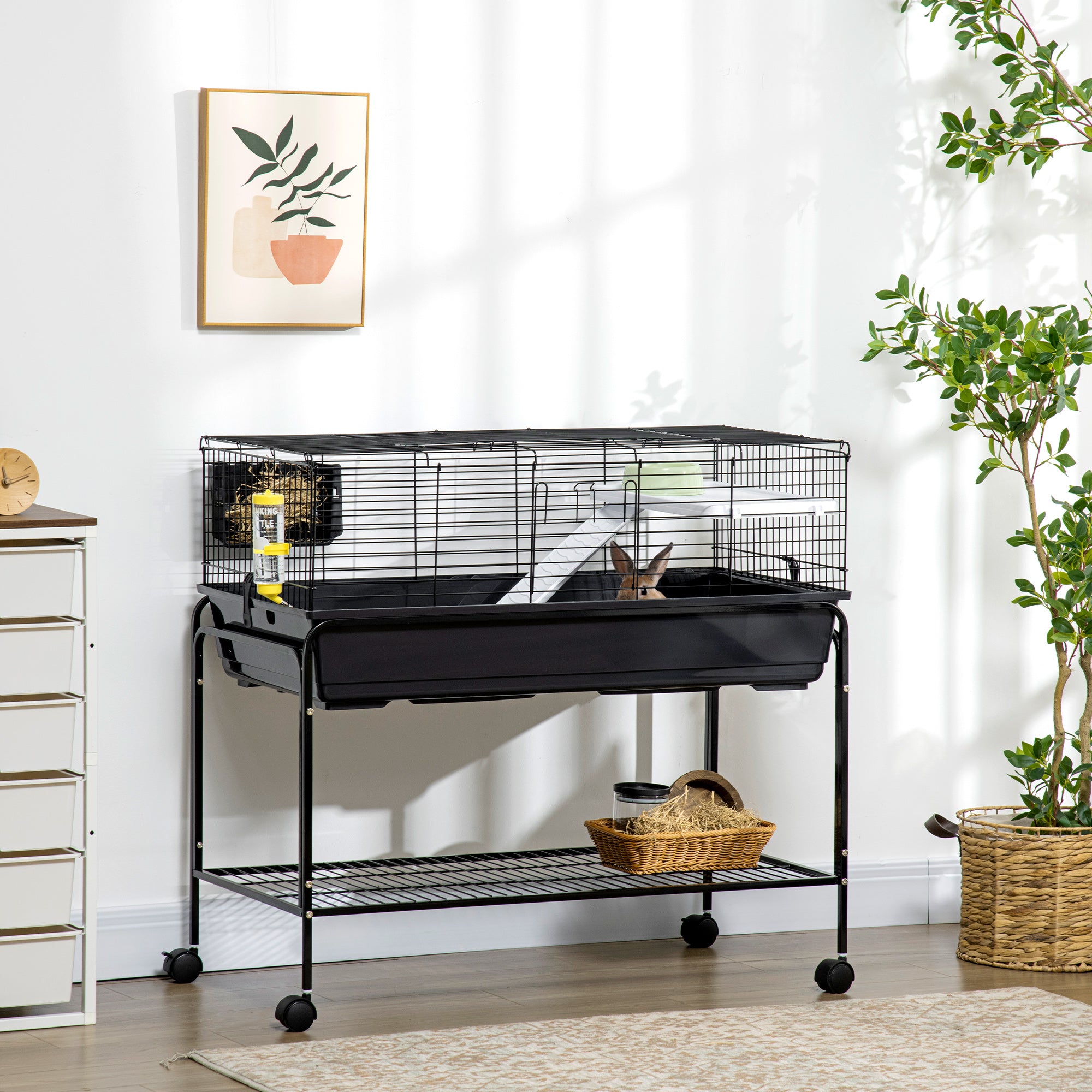 Two-Story Small Animal Cage Removable from Stand, Guinea Pig Cage with Shelf & Wheels, Pet Habitat for Hedgehog, Chinchilla, Ferret, 39" x 20.5" x 36.5", Black - Grey - Image 2