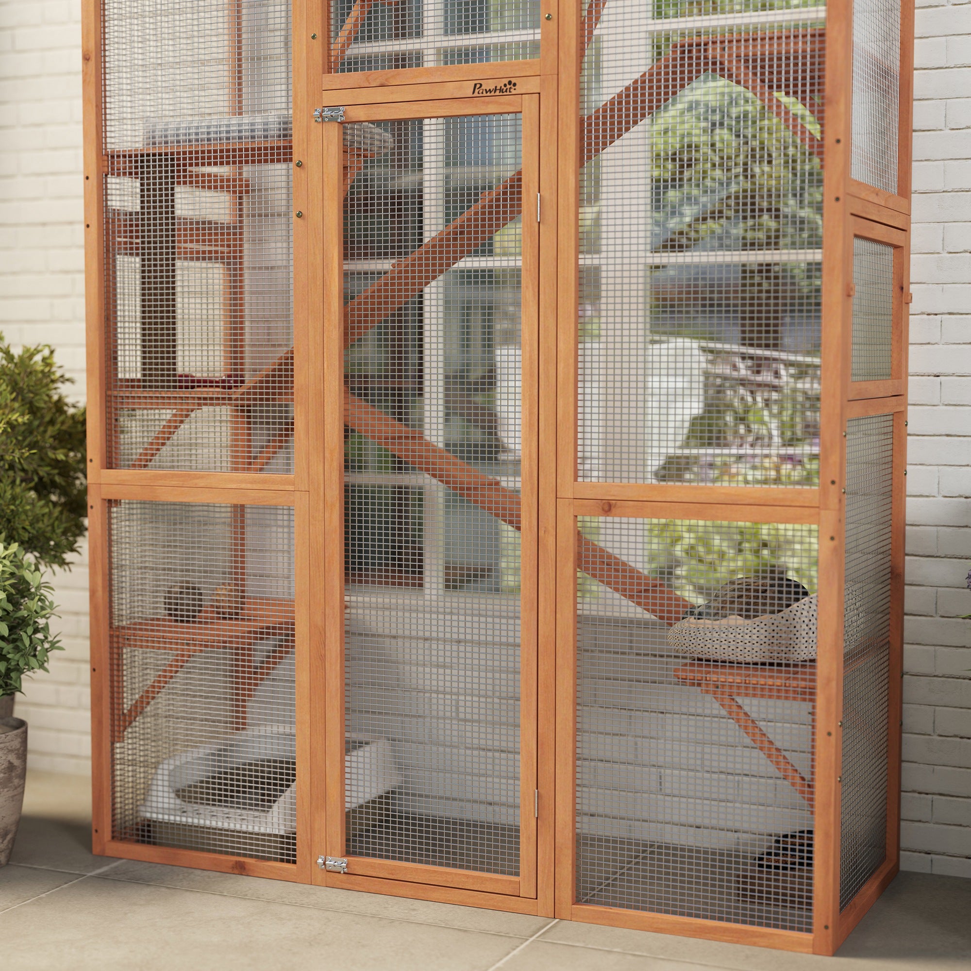 Outdoor Catio Cat Enclosure, Large Wooden Cat House with 6 Jumping Platforms, Scratching Post, 2 Ramps, for 2-3 Kittens - Orange - Image 8