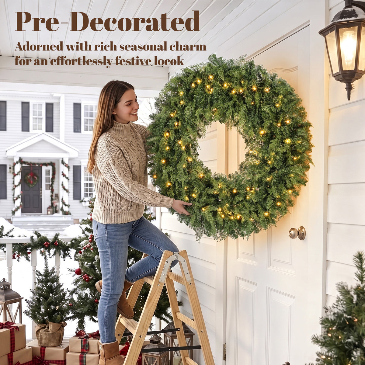 48" Prelit Crestwood Spruce Artificial Christmas Wreath, Christmas Decor with Bow, LEDs, 8 Modes, Realistic Tips