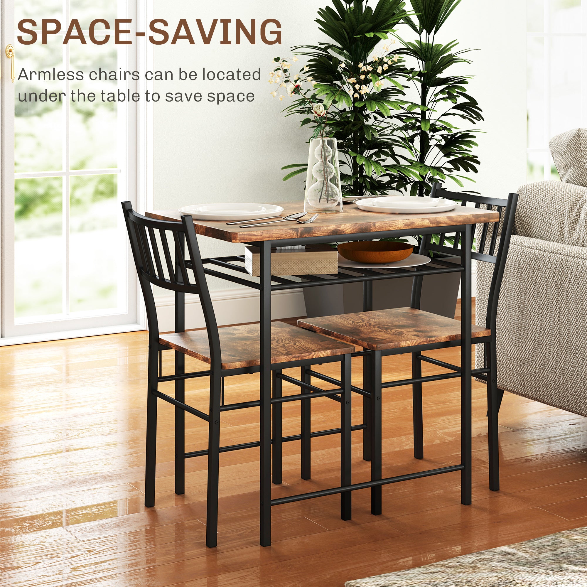 3-Piece Small Dining Table Set for 2, Kitchen Table and Chairs with Storage Rack and Steel Frame, Brown