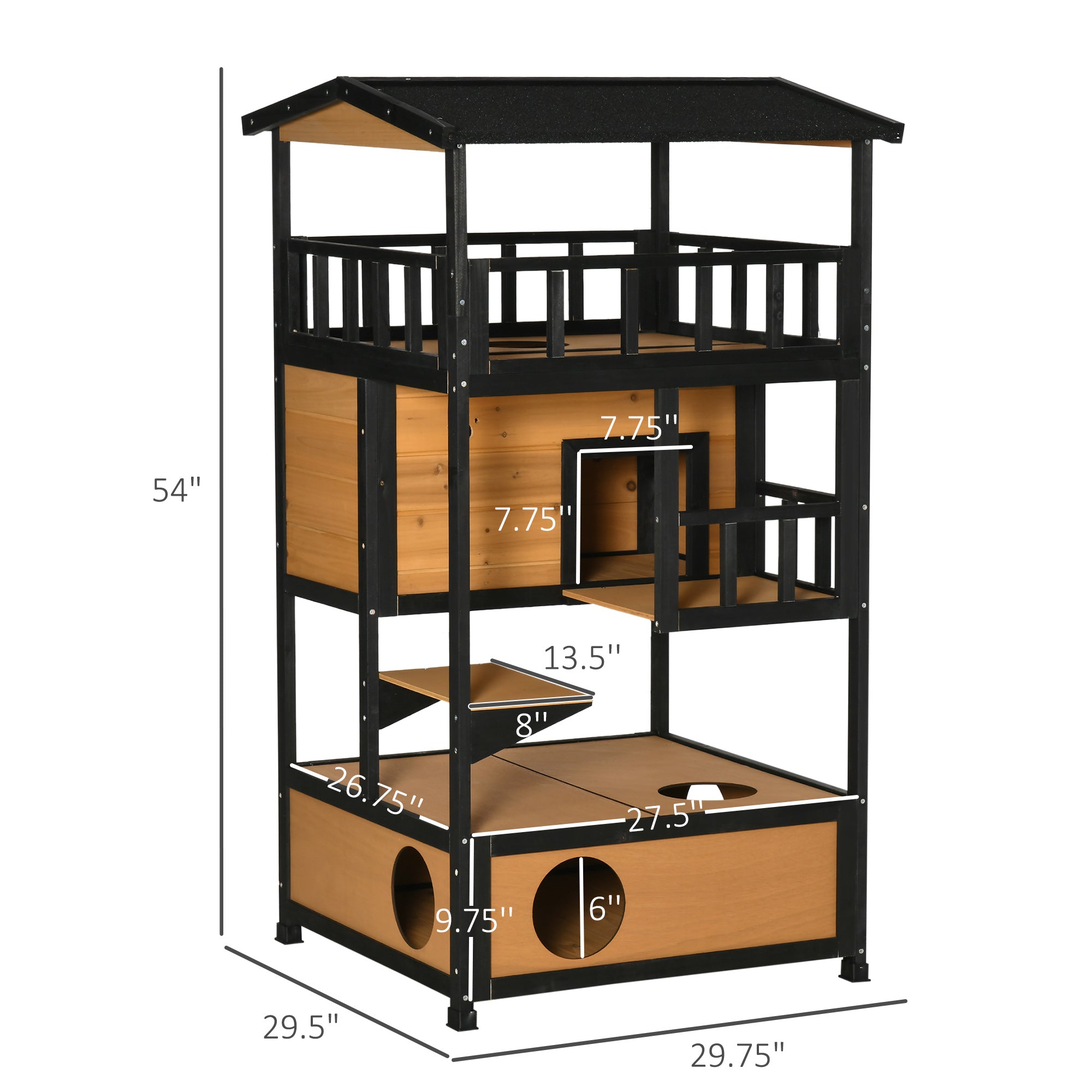 Wooden Outdoor Cat House, Feral Cat Shelter Kitten Condo with Asphalt Roof, Escape Doors, Condo, Jumping Platform, Yellow - Yellow - Image 3
