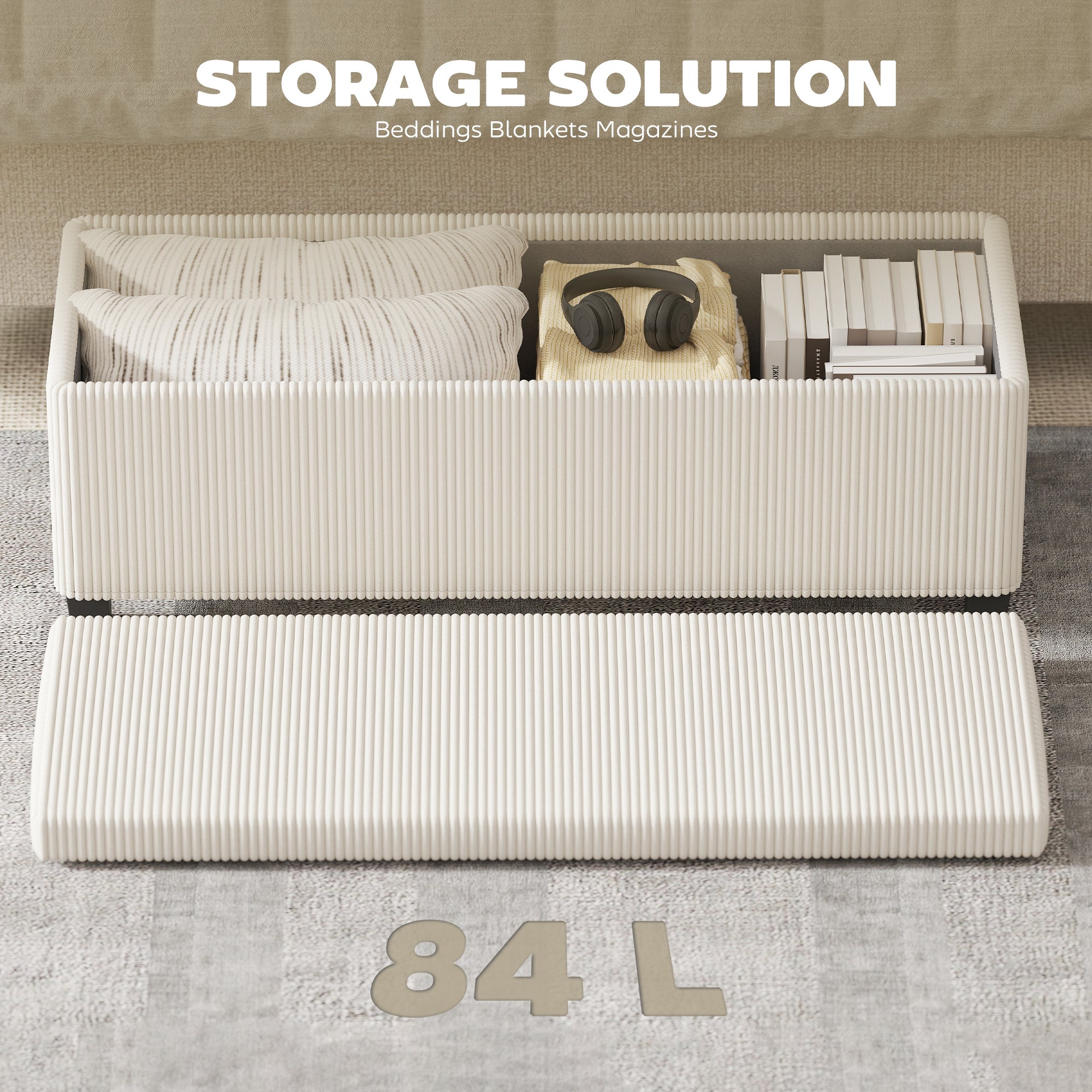 44 Inches Ottoman with Storage, Lid, Legs, Corduroy End of Bed Bench for Living Room, Bedroom, Entryway, Beige