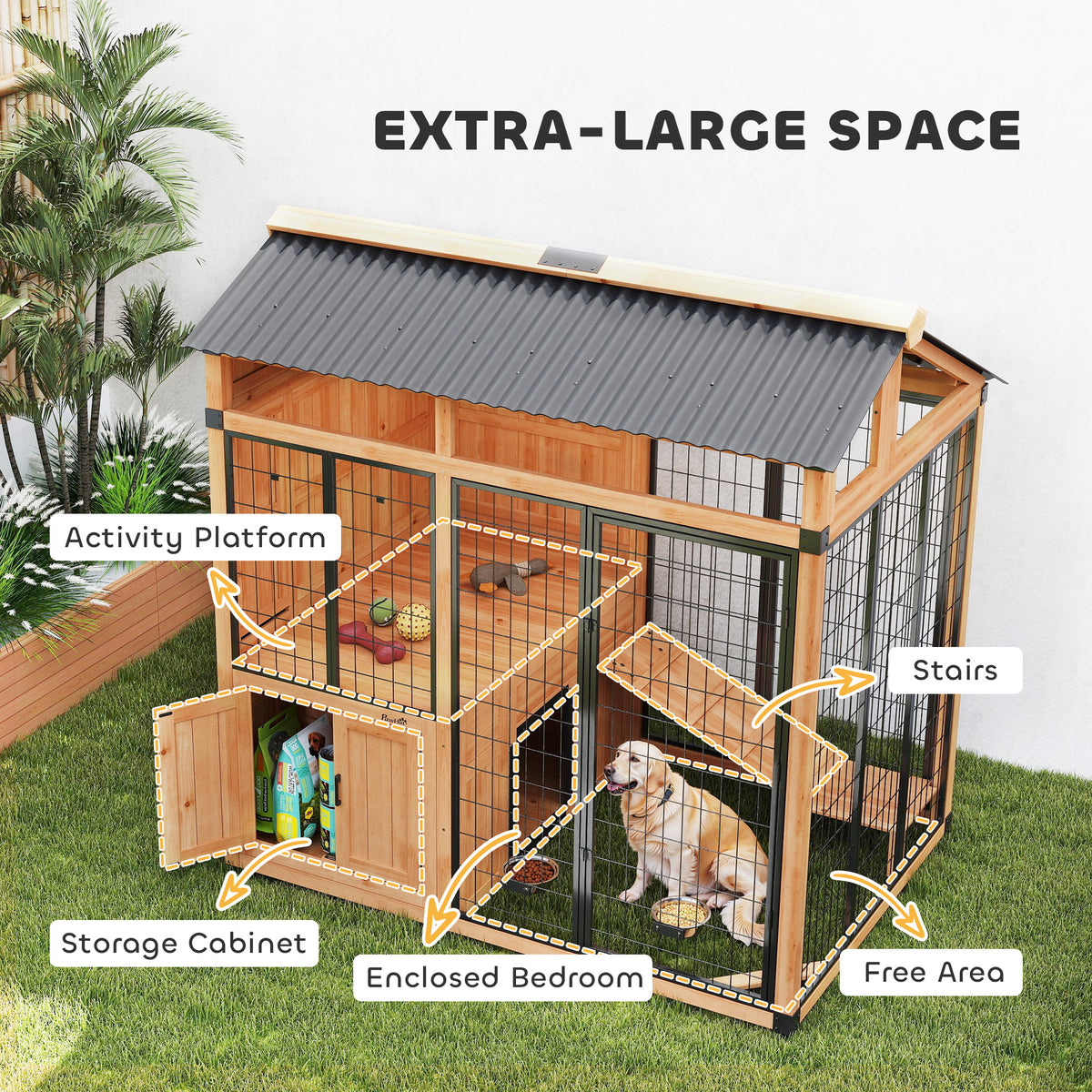 7' x 5' Extra Large Dog House, Wood Outdoor Dog Kennel with Platform, Storage Cabinet for Large Breeds, Yellow
