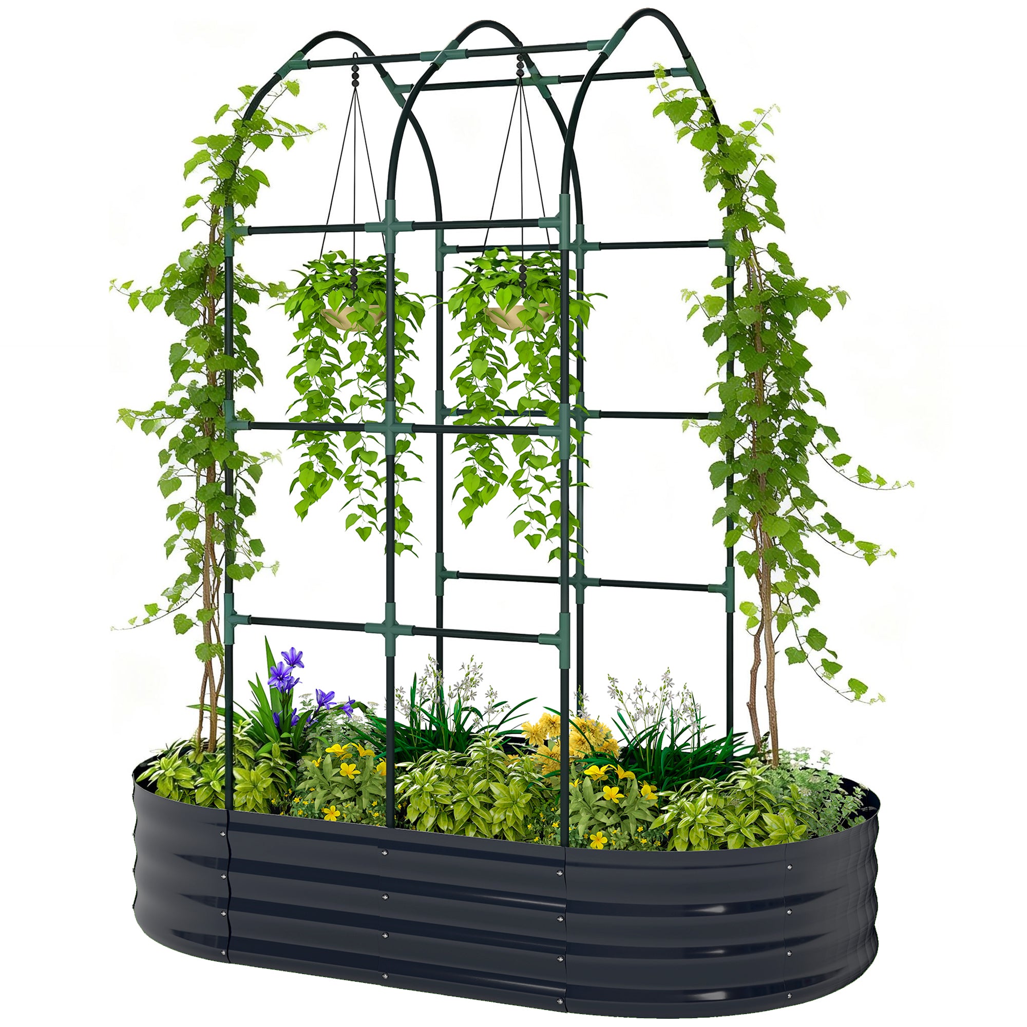 Galvanised Raised Garden Bed with Arched Trellis, 5 x 3 x 6ft Metal Outdoor Planter Box with Open Bottom, Dark Gray - Dark Gray